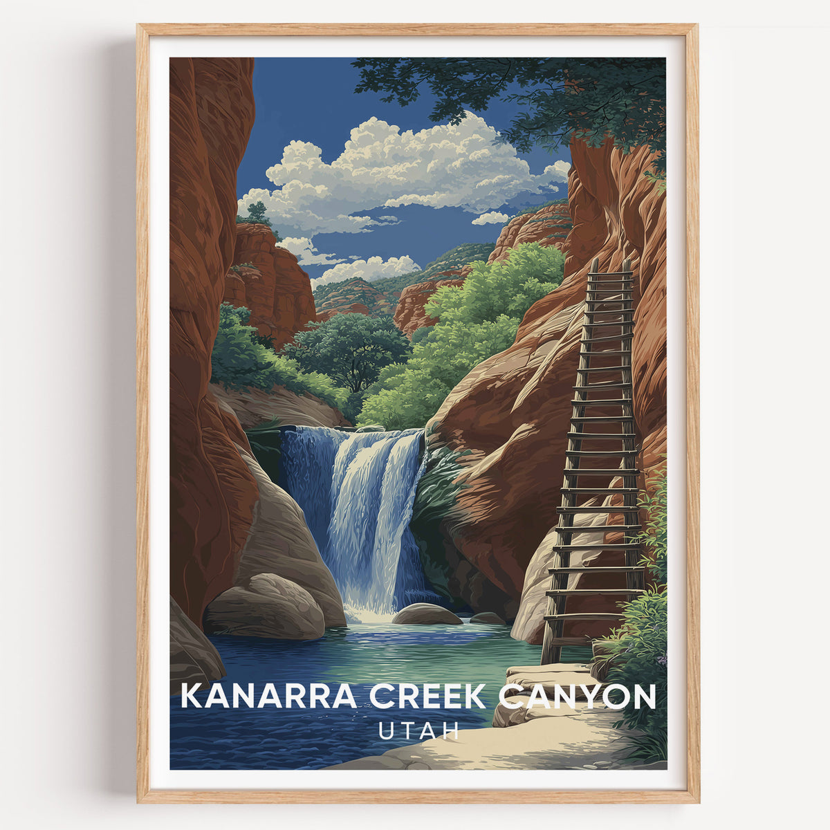 Kanarra Creek Canyon travel poster in an oak frame, shot square on against a plain white wall.