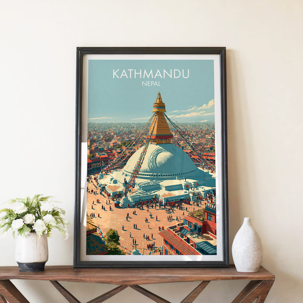 Kathmandu Nepal travel poster in a black frame on a wooden console table with white flowers