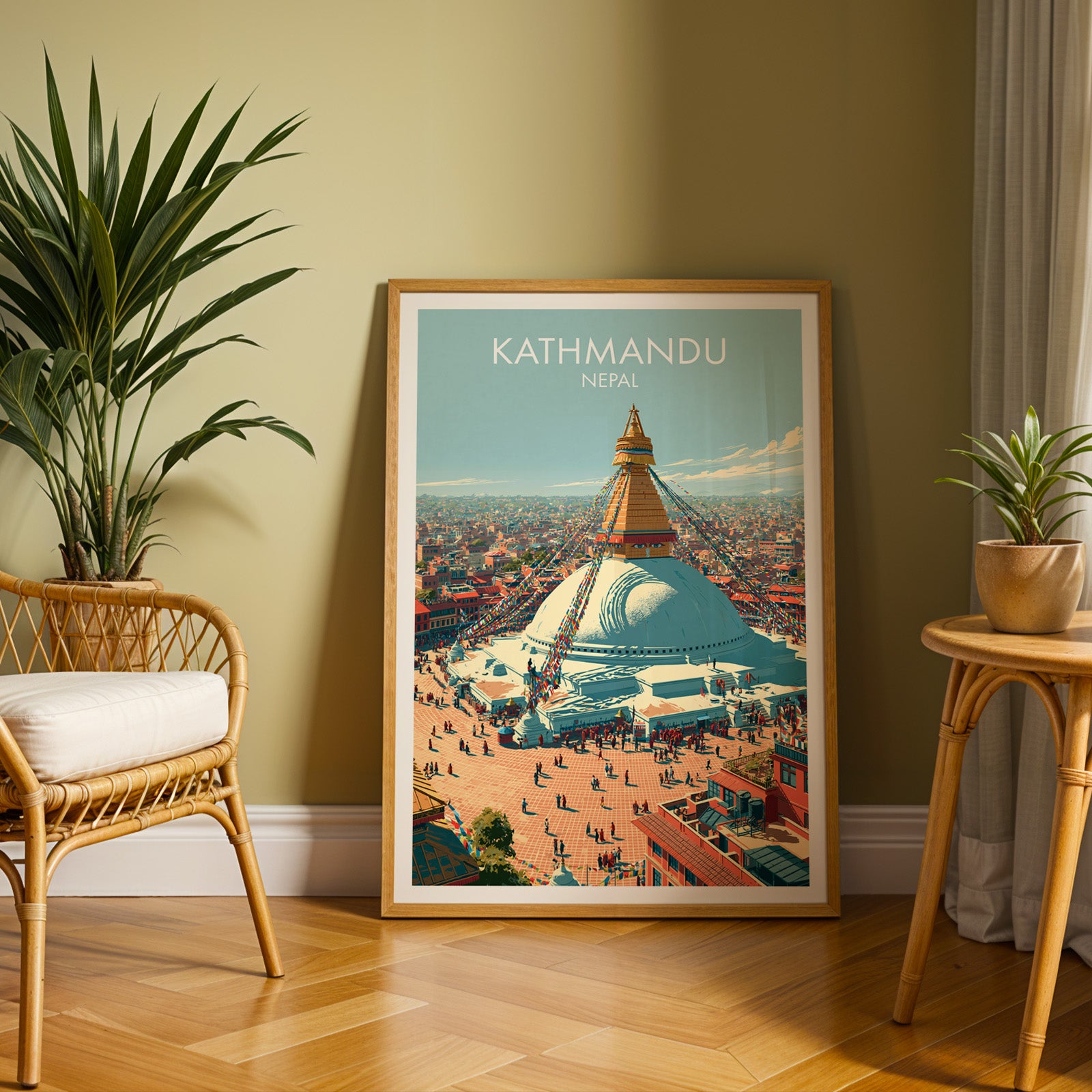 Large Kathmandu Nepal travel print in an oak frame leaning on a herringbone floor next to a rattan chair