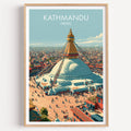 Kathmandu Nepal travel poster in a natural wood frame, shown against a clean white wall
