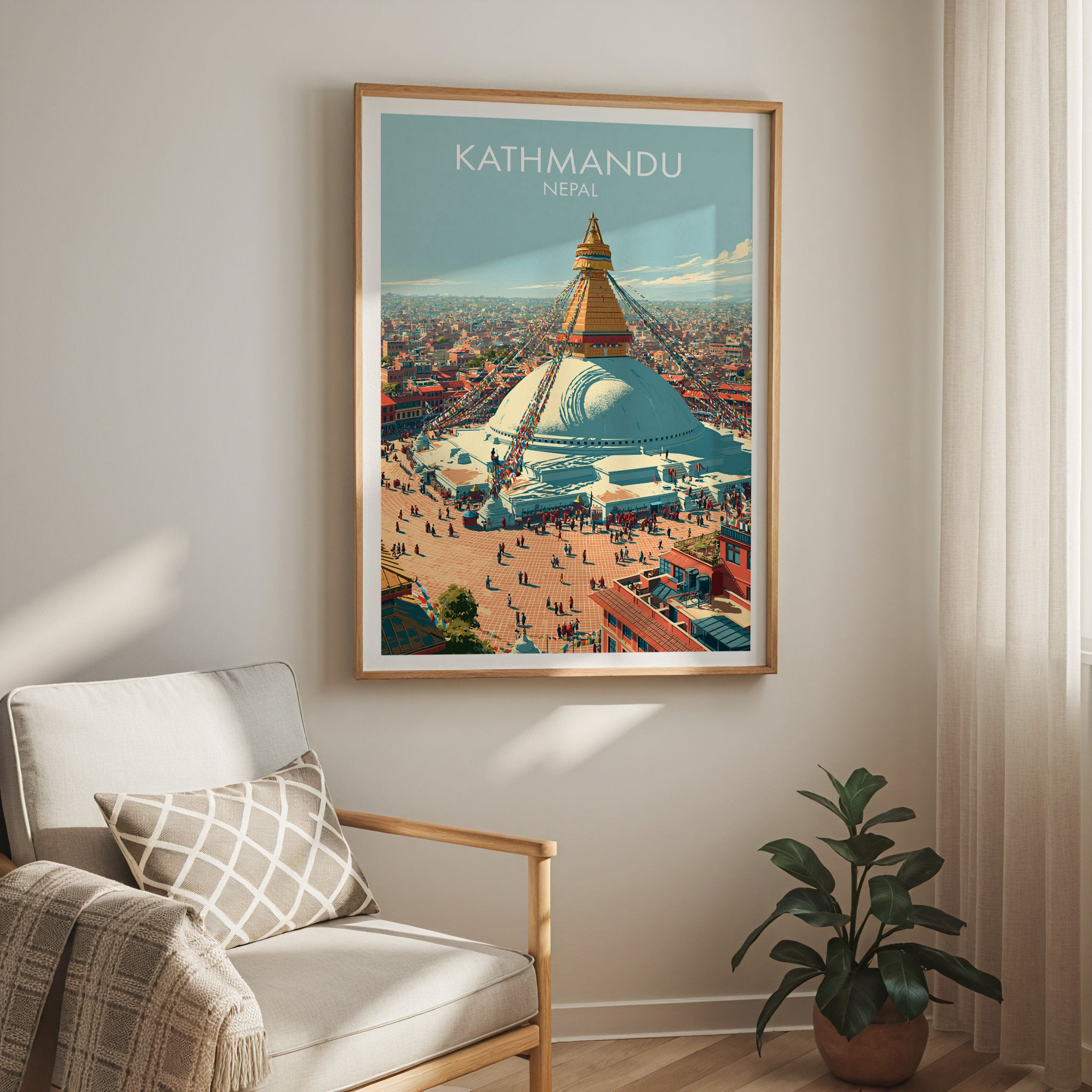 Kathmandu Nepal travel print in a light oak frame on a living room wall beside a linen armchair