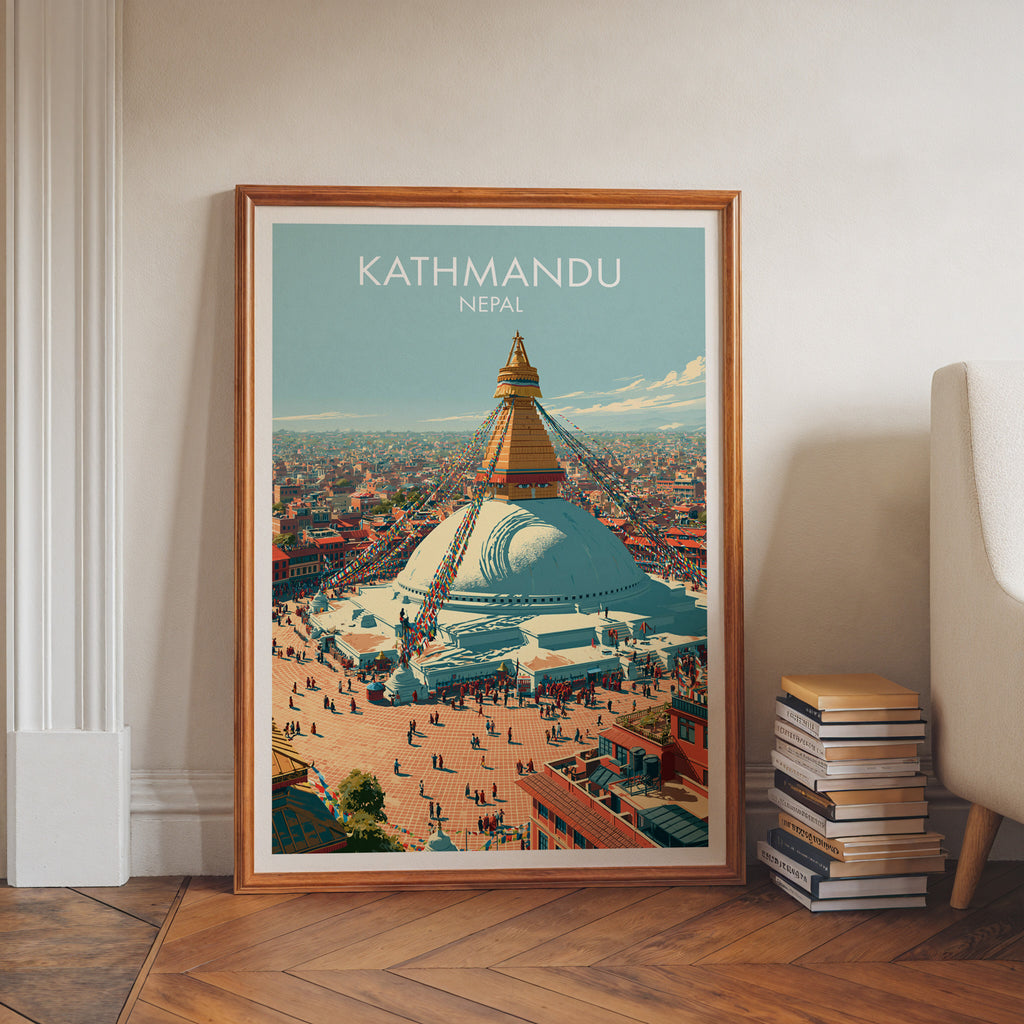Kathmandu Nepal art print in a walnut frame leaning in a hallway beside stacked books