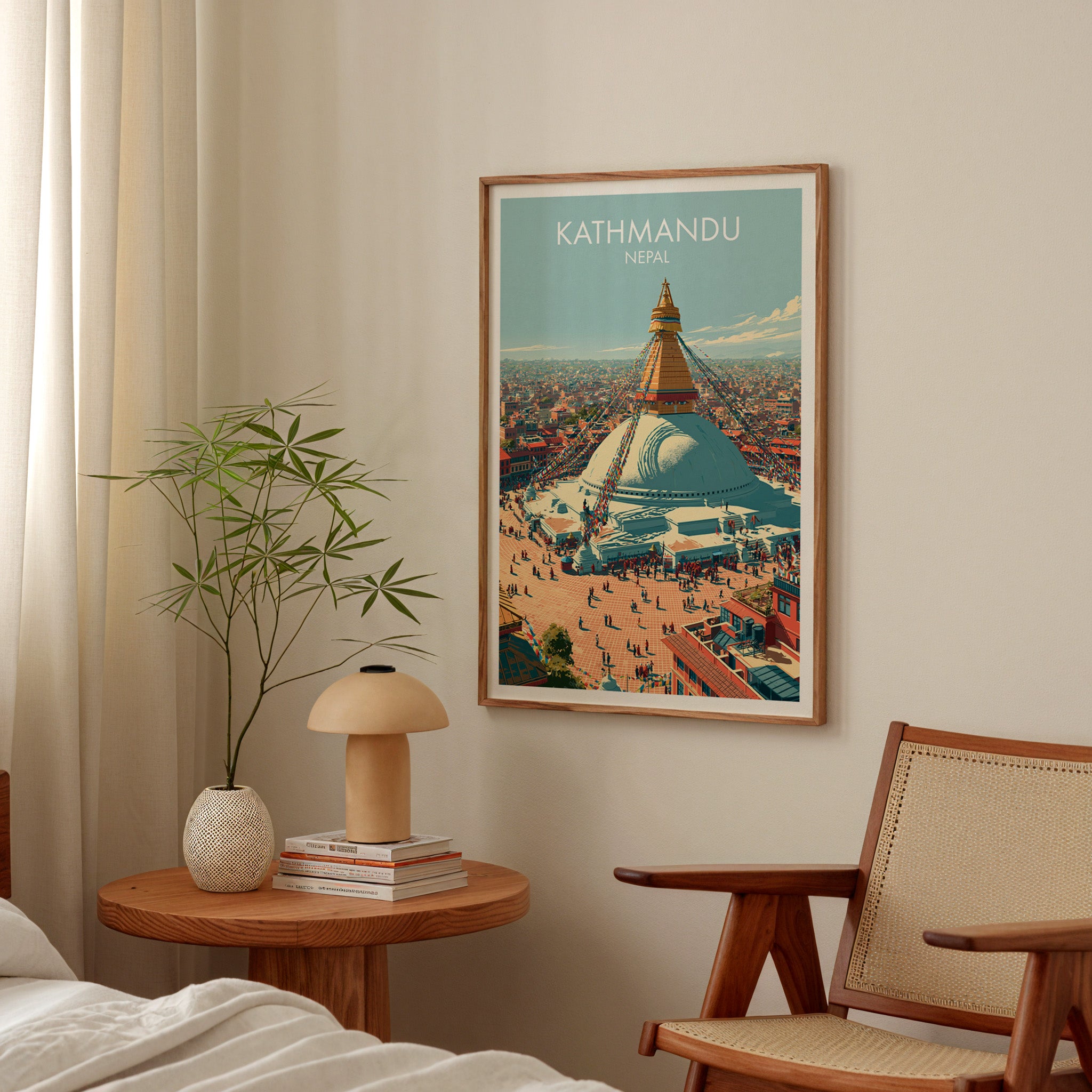 Kathmandu Nepal poster above a bedroom nightstand with a bamboo plant and mushroom lamp
