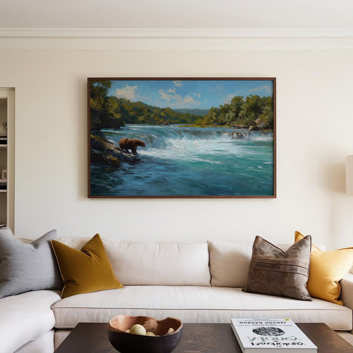 Katmai National Park oil painting print above a bed in a warm neutral bedroom