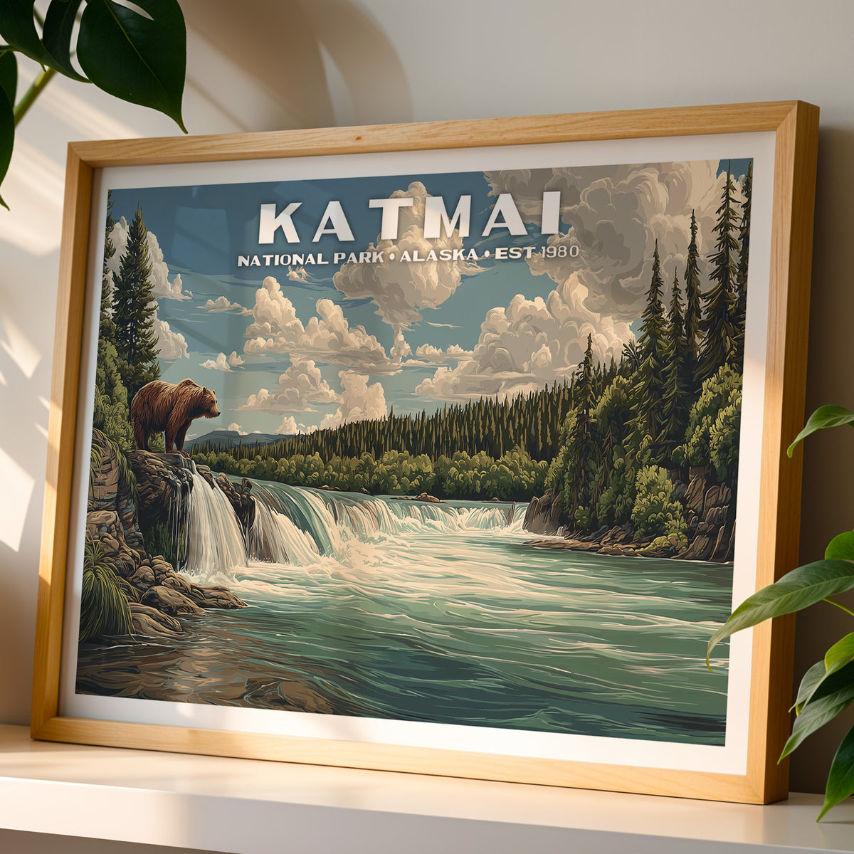 Katmai National Park wall art print in a light oak frame, leaning on a white shelf in warm sunlight beside a monstera plant
