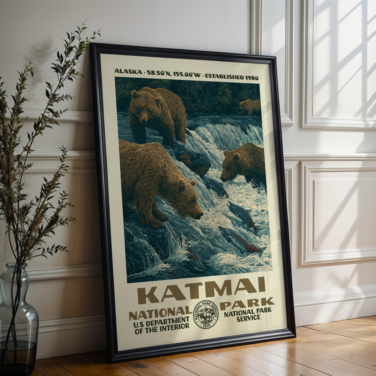 Large Katmai National Park WPA poster in a black frame leaning on a white panelled wall