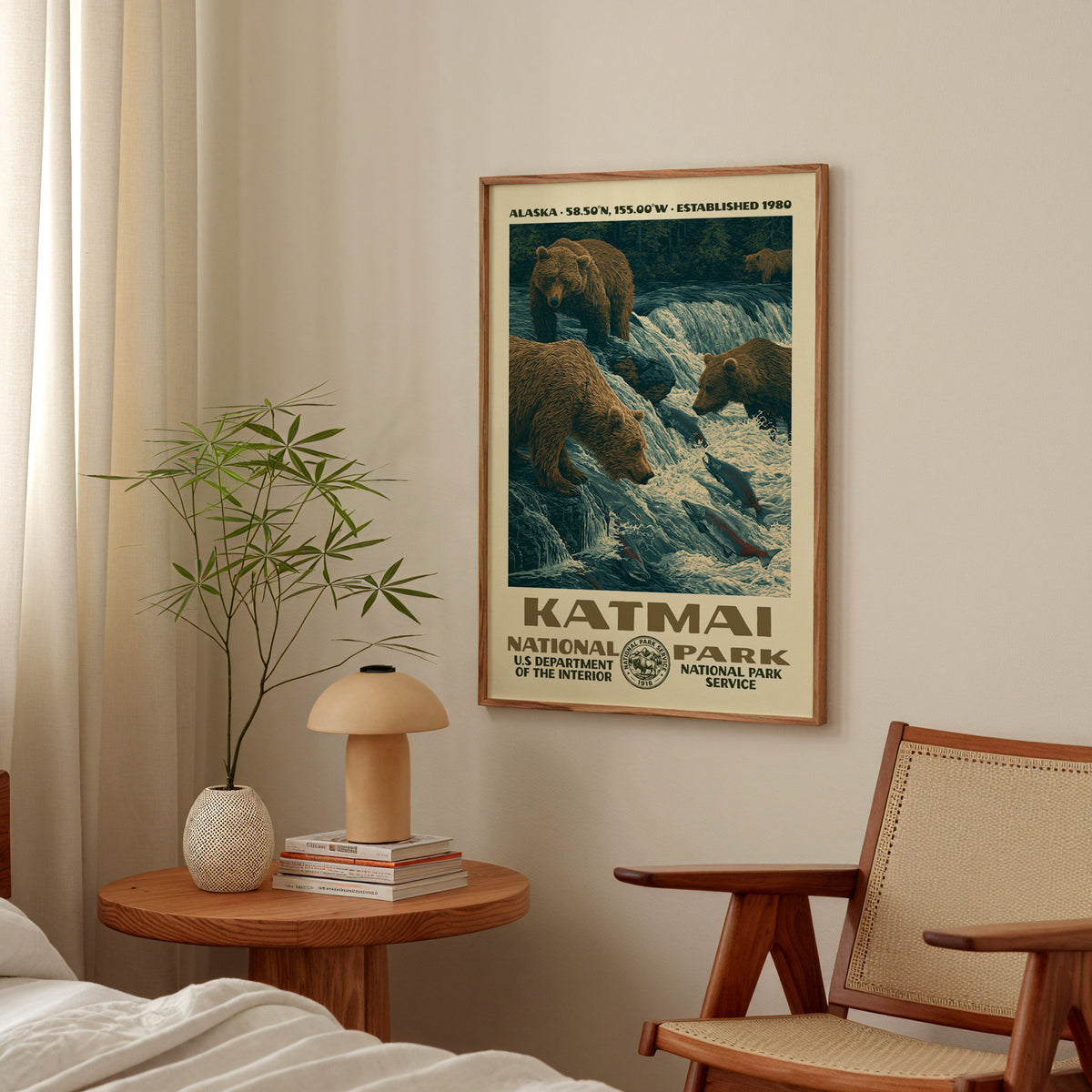 Katmai National Park vintage WPA print hanging above a side table in a calm bedroom corner