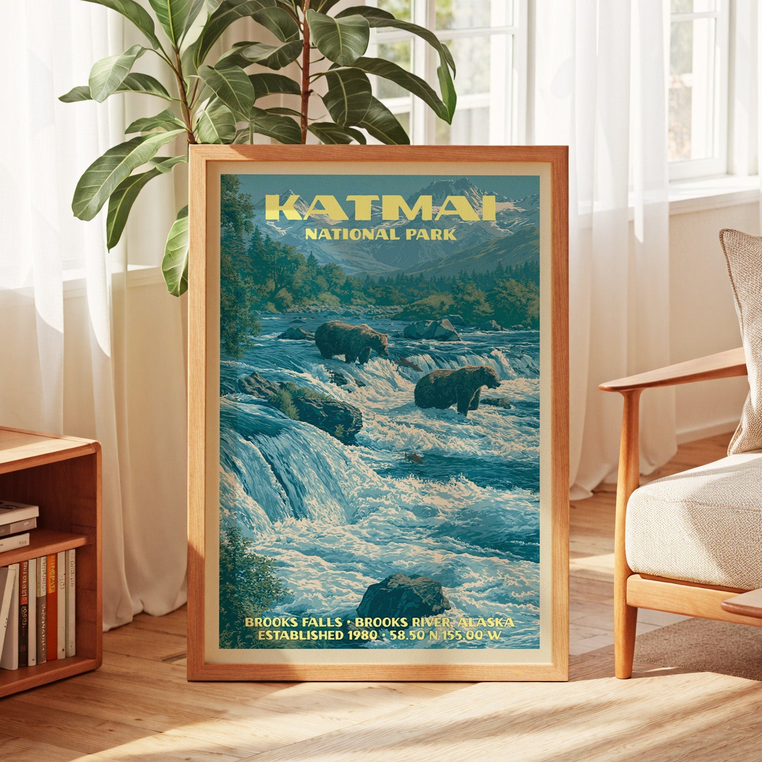 Katmai vintage poster in oak, leaning by a sunlit window with sheer curtains and a low bookshelf