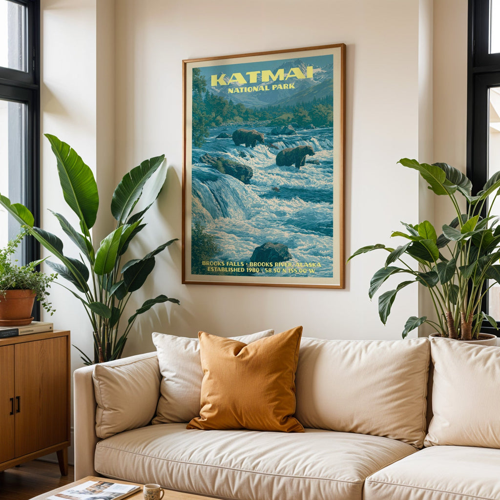 Katmai vintage travel print in oak above a cream sofa with a rust cushion and tall houseplants