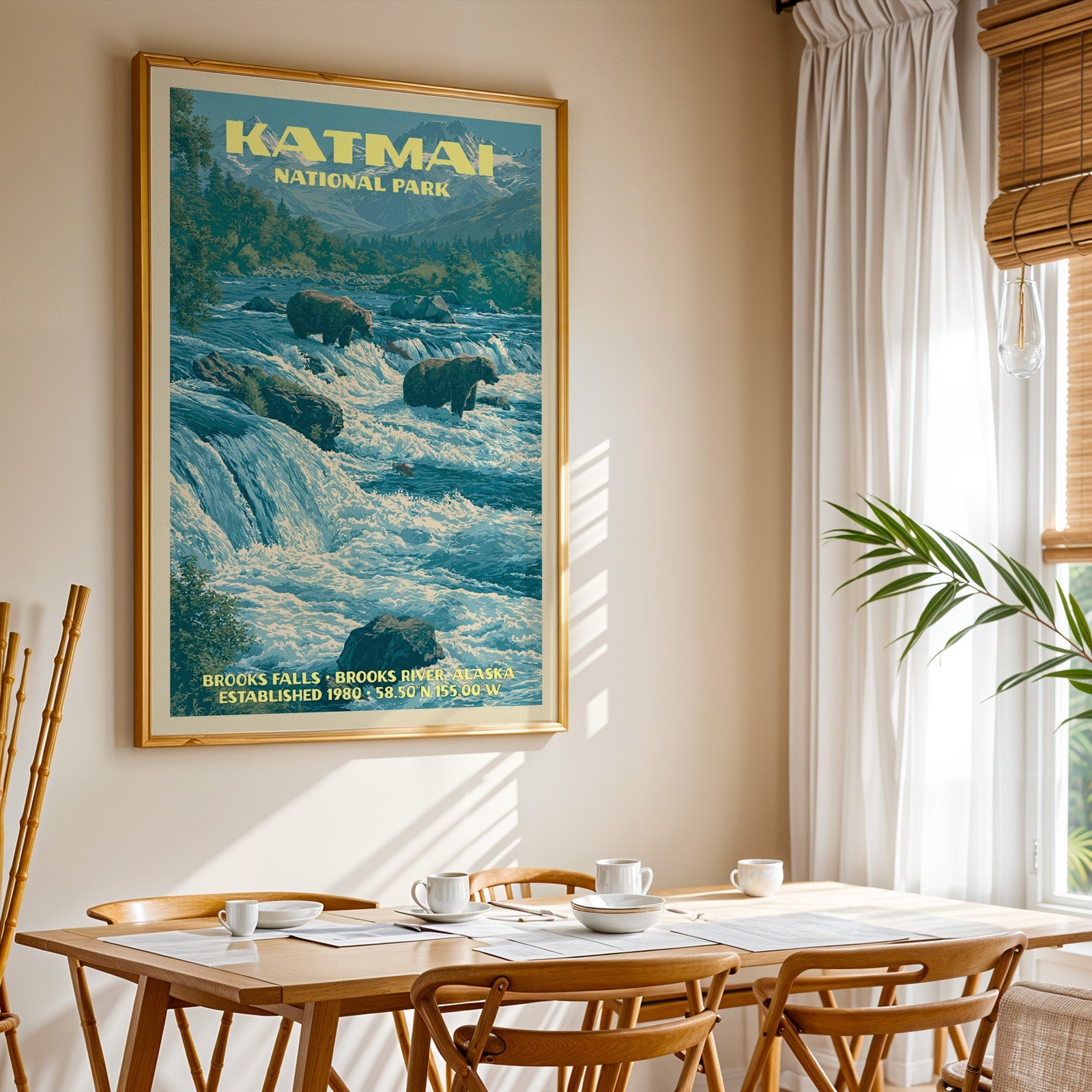 Katmai National Park print in gold above a light oak dining table by a curtained window