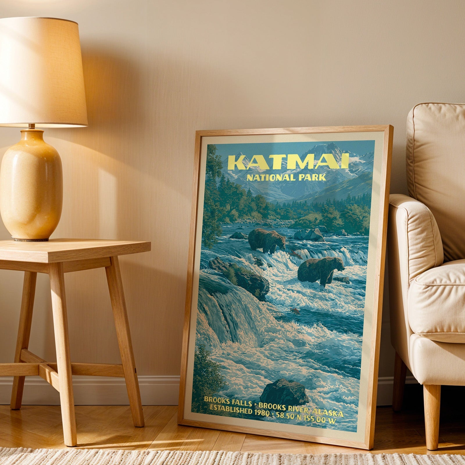 Brooks Falls Katmai wall art in oak, leaning by an armchair and a side table with an ochre lamp