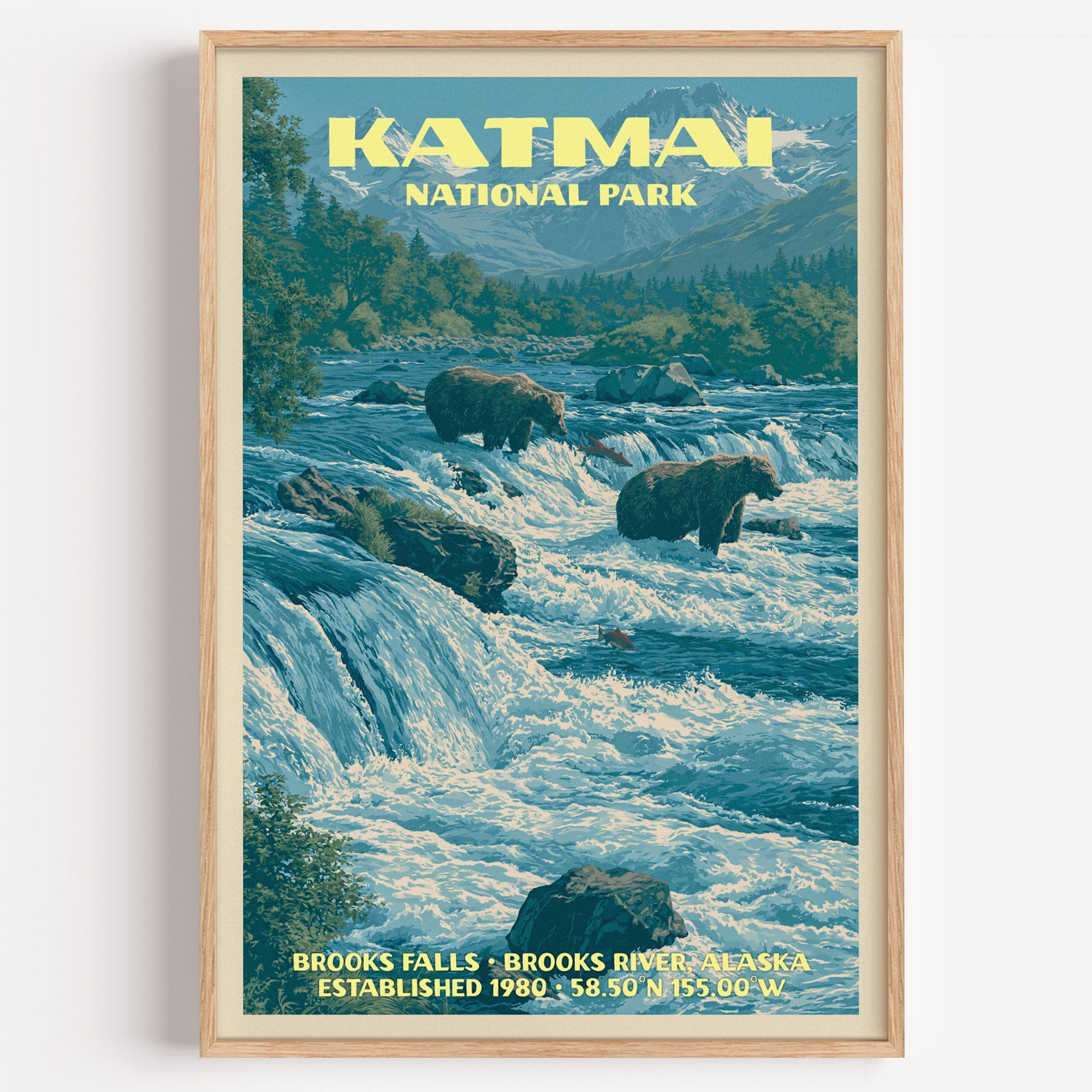 Brooks Falls Katmai National Park vintage poster in a light oak frame on a plain white wall