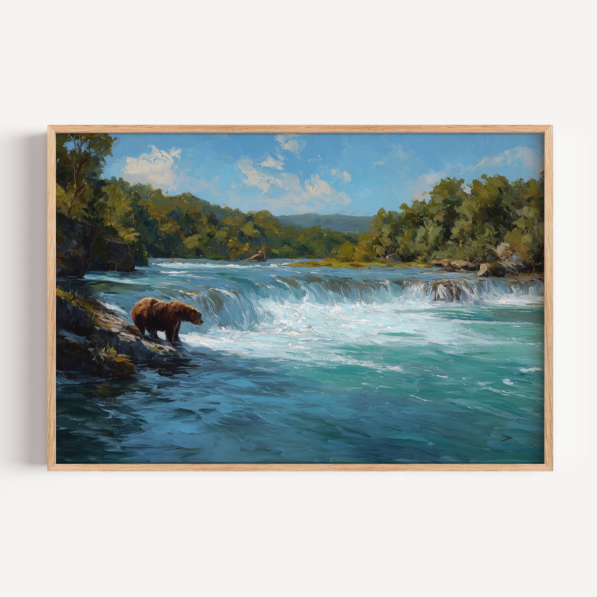 Katmai National Park oil painting print in an oak frame: a brown bear on the ledge at Brooks Falls