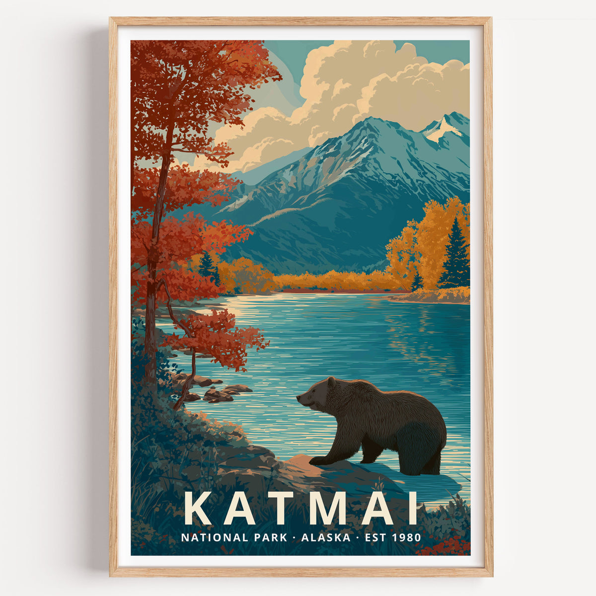 Katmai National Park retro travel poster — a brown bear on the shoreline below snow-capped peaks in autumn, Alaska