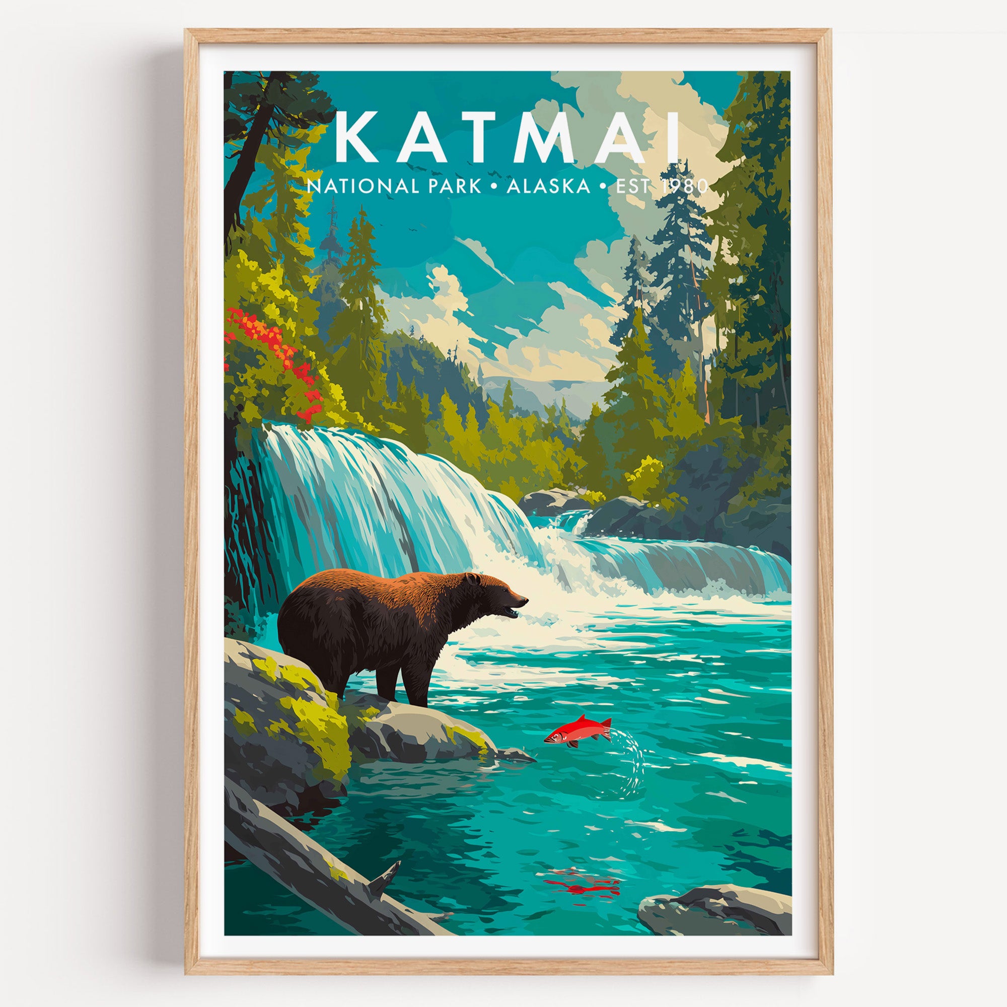 Katmai National Park mid-century modern art print — a brown bear at the lip of Brooks Falls while sockeye salmon leap below