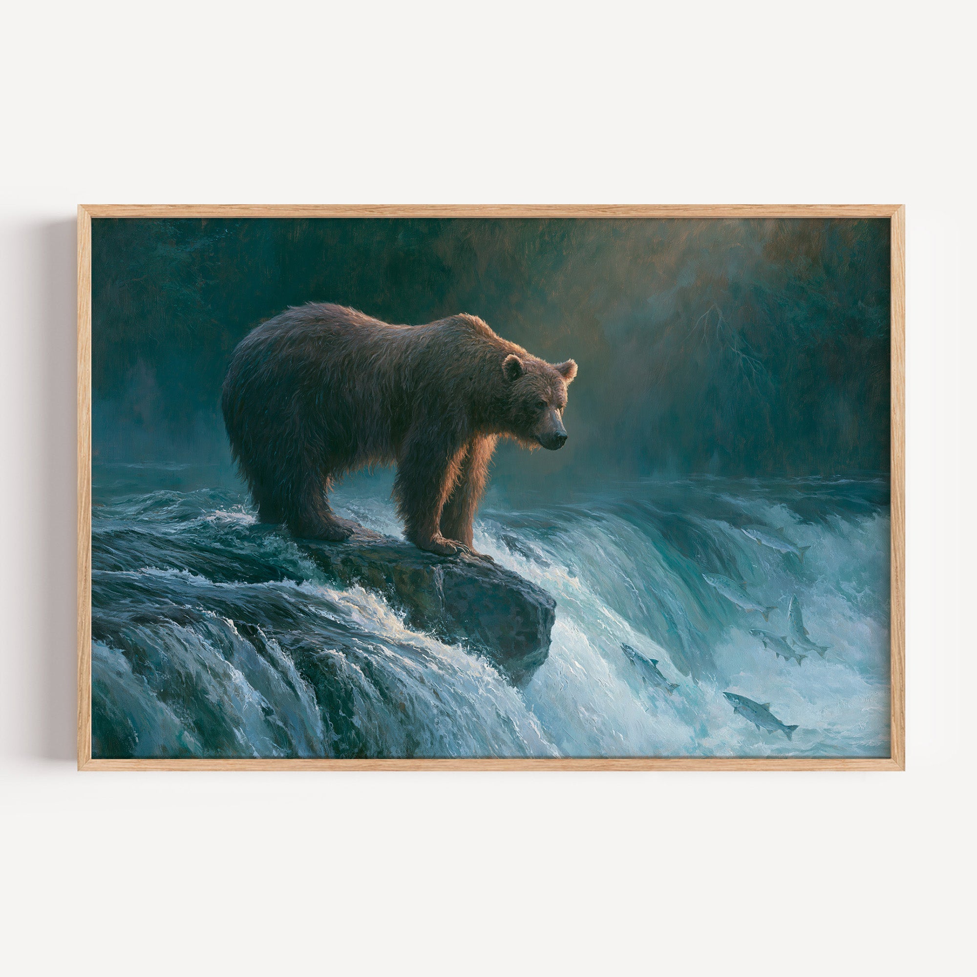 Katmai National Park classical oil painting print in an oak frame: a brown bear at Brooks Falls