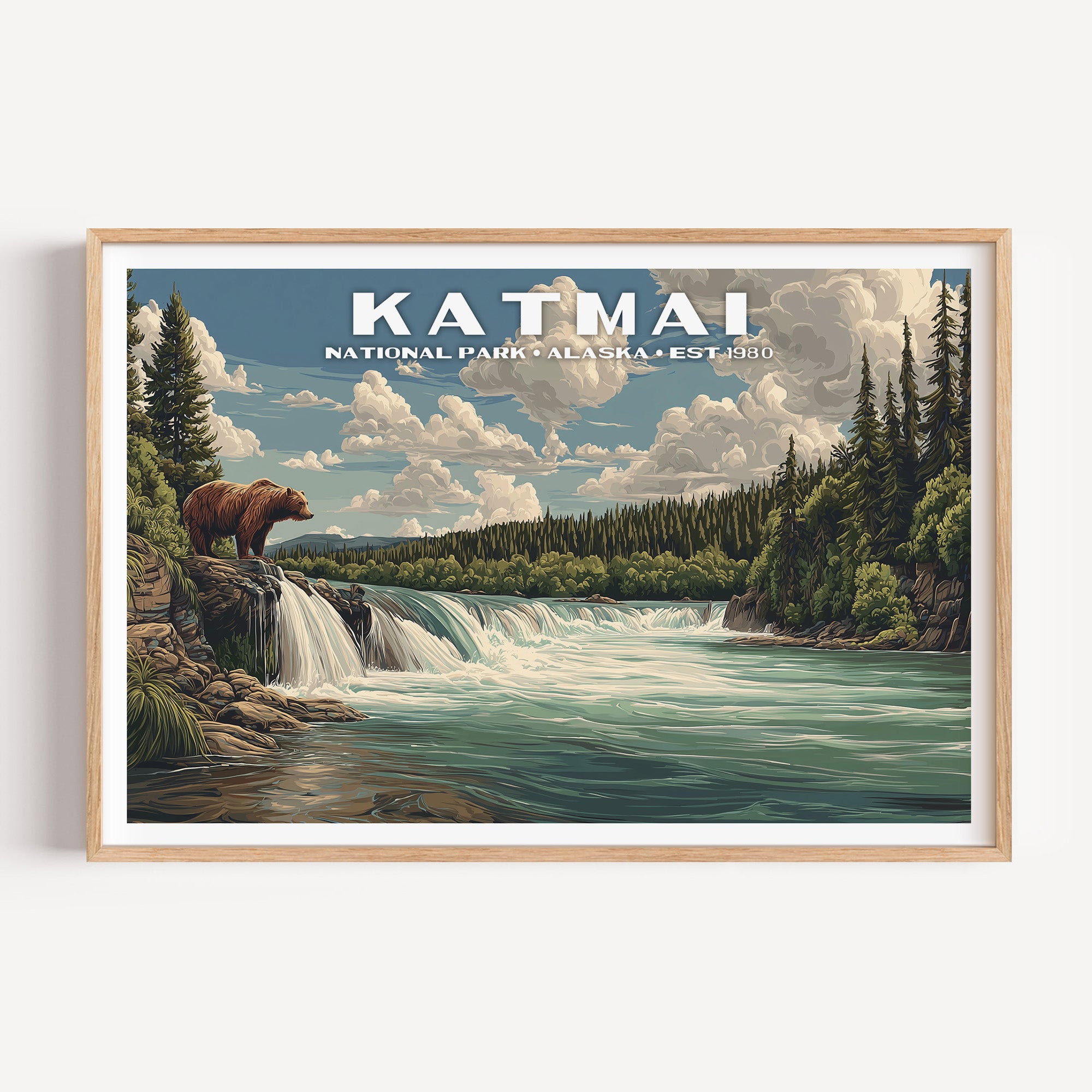 A brown bear on the rock ledge above Brooks Falls waiting for salmon — Katmai National Park vintage WPA travel poster print