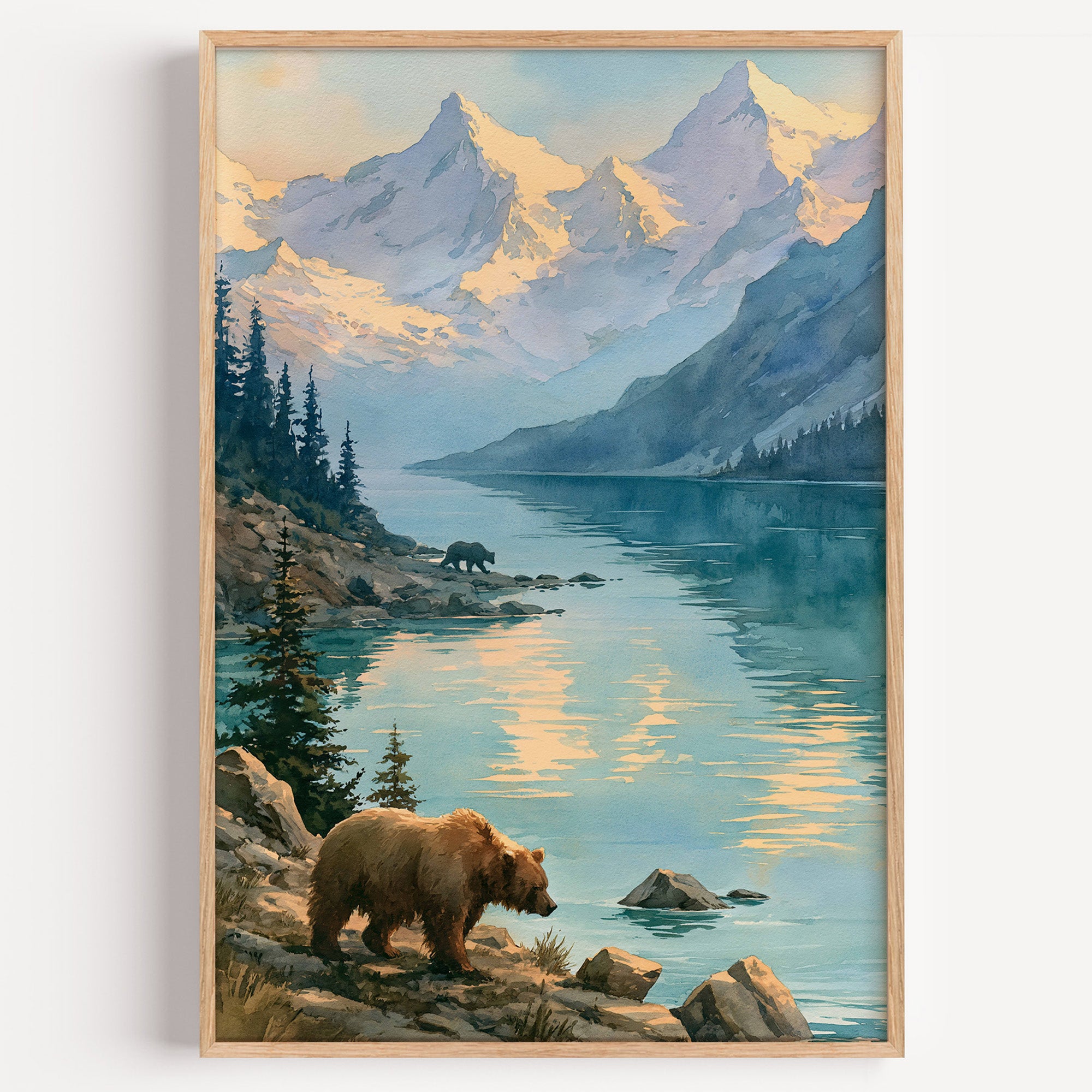 Katmai National Park watercolor art print: brown bear on a glacial lakeshore below snow peaks at sunrise