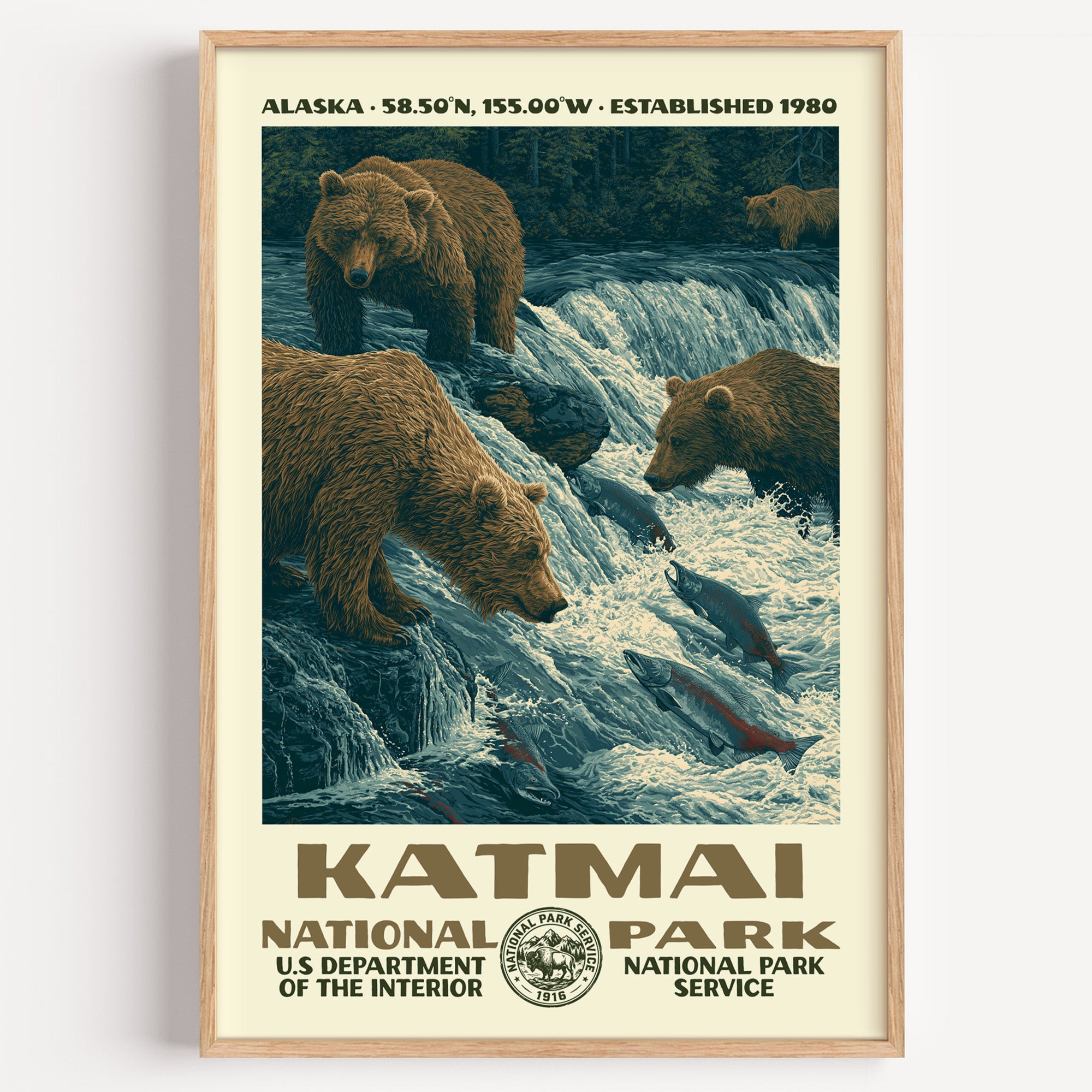 Katmai National Park vintage WPA poster in a wood frame, brown bears fishing the salmon run at Brooks Falls