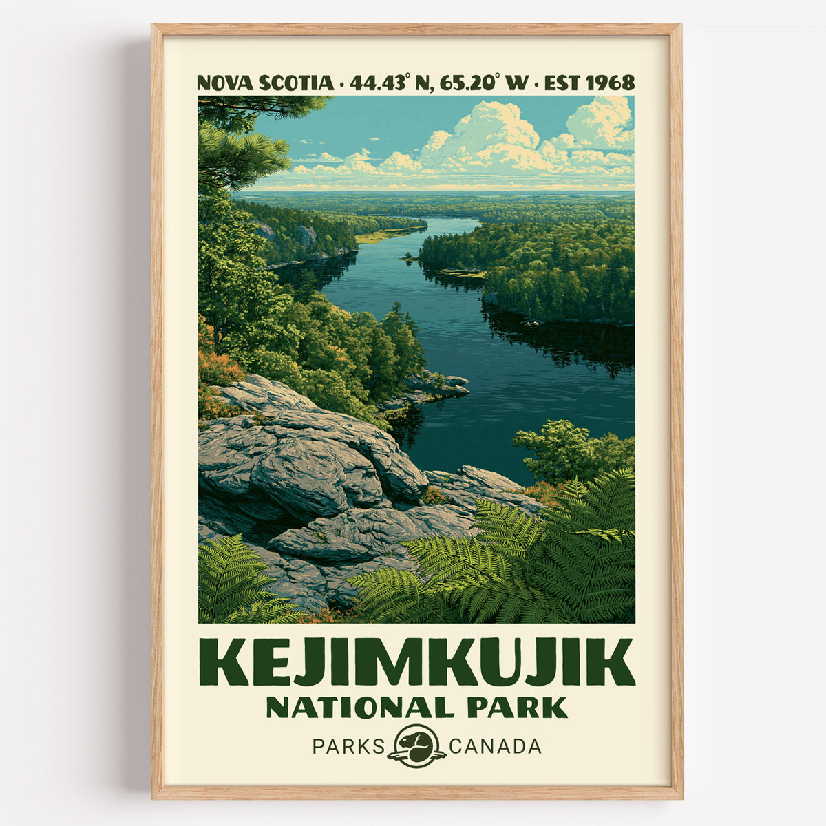 Kejimkujik backcountry river poster in a light oak frame on a plain white wall