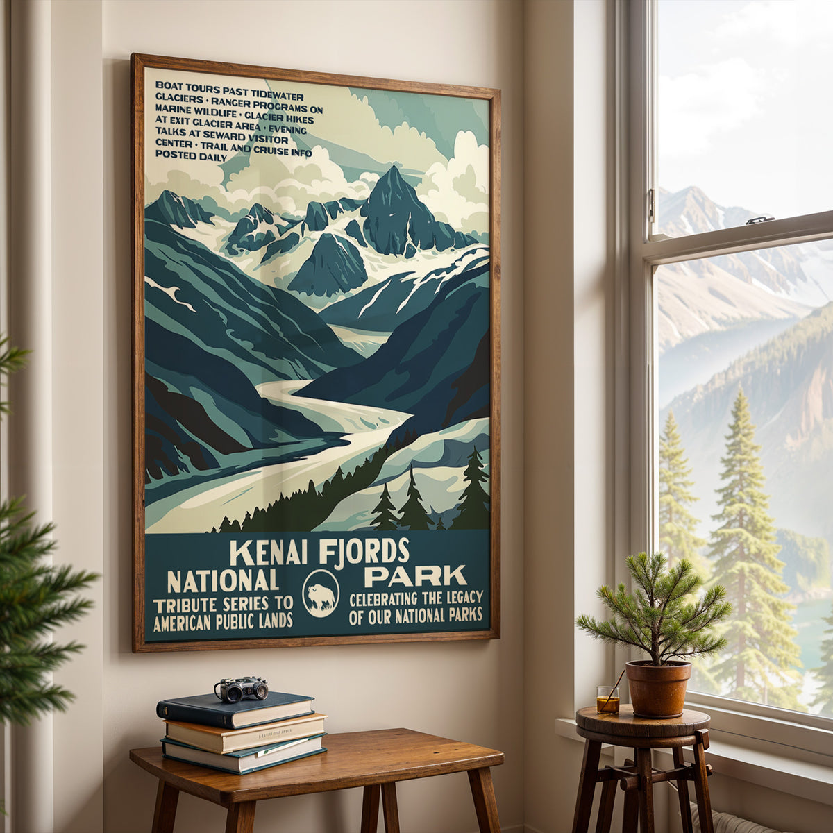 Kenai Fjords National Park wall art hung by a window with a mountain view and a side table