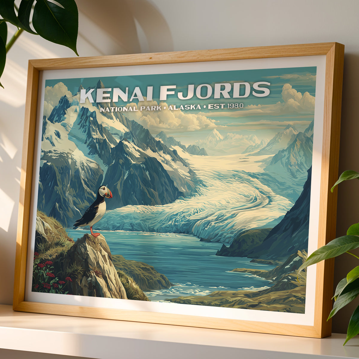 Kenai Fjords National Park wall art print in a light oak frame, leaning on a white shelf in warm sunlight beside a monstera plant
