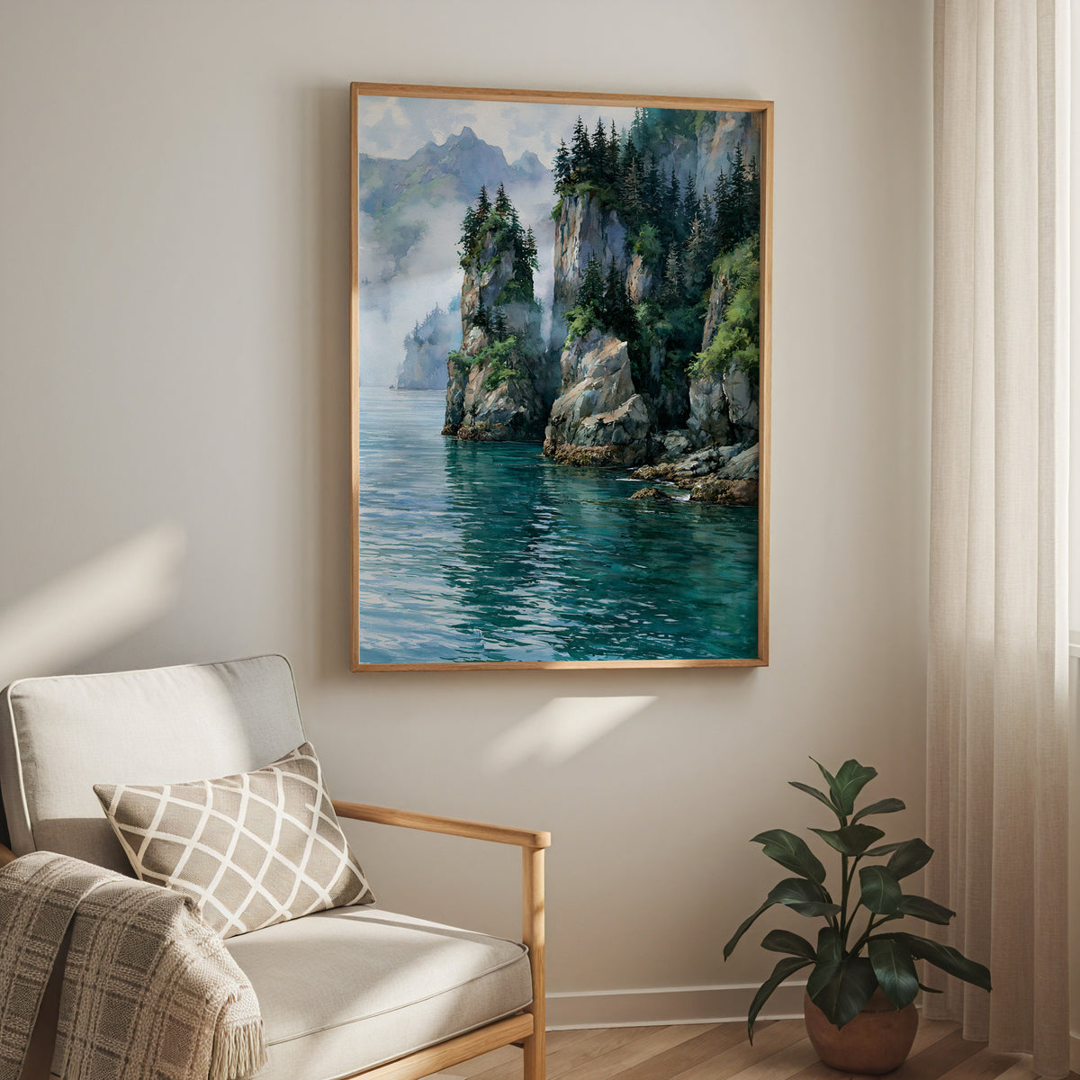 Oak-framed Kenai Fjords National Park watercolor print hung above a cream armchair in a bright living room