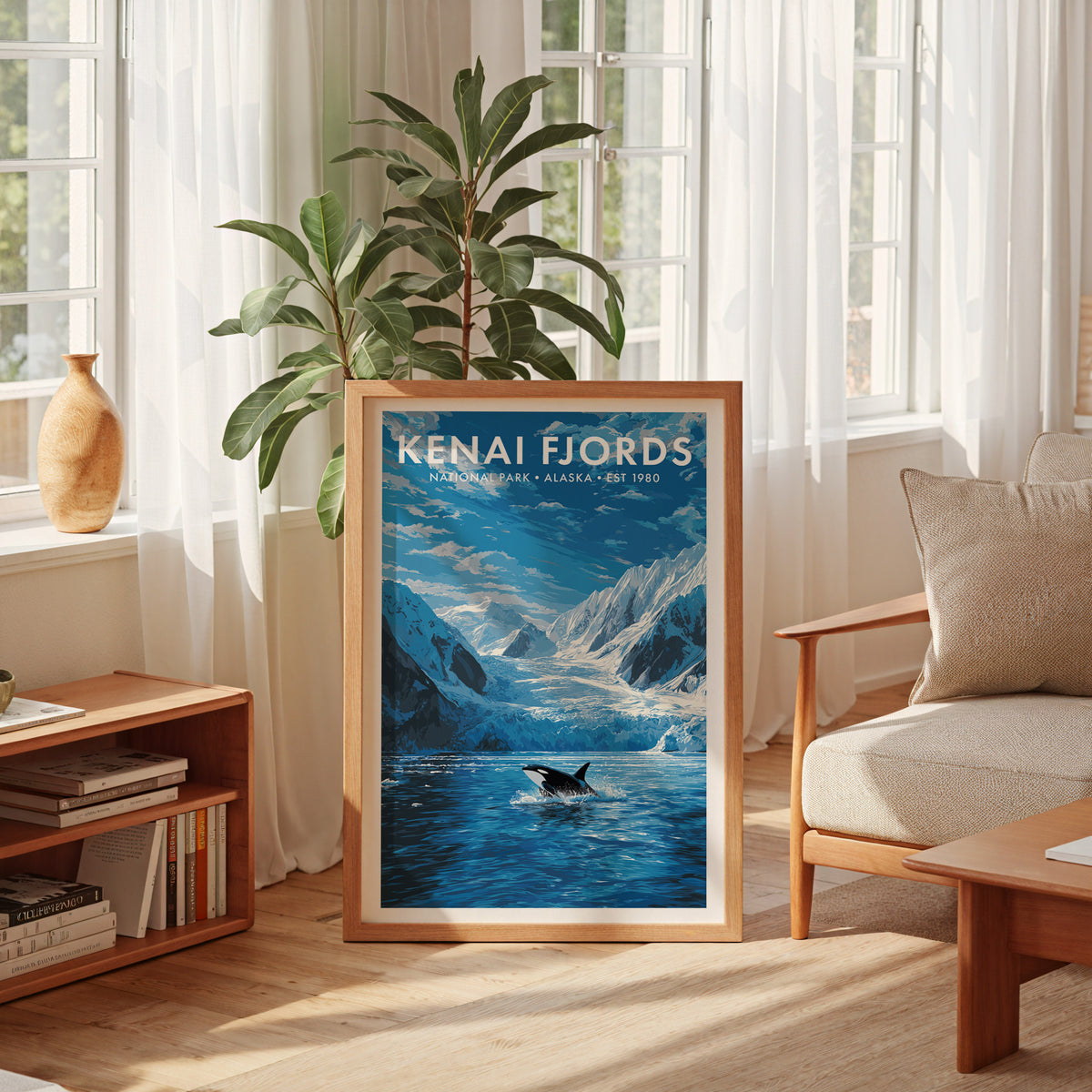 Kenai Fjords National Park mid-century modern art print leaning in a sun-filled living room beside an armchair — living room wall art