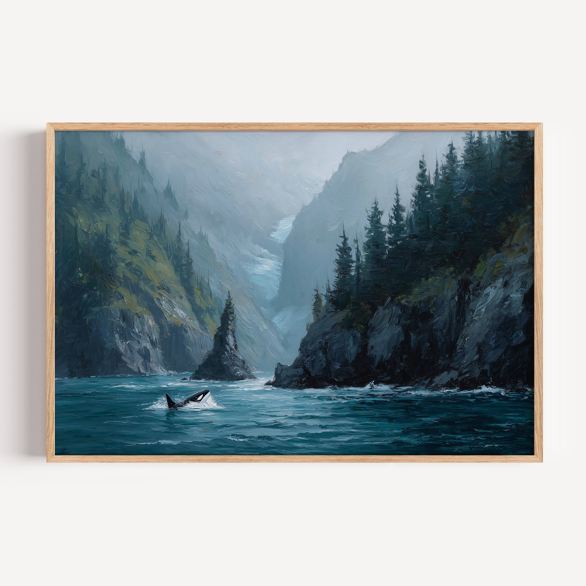 Kenai Fjords National Park oil painting print in an oak frame: an orca in a misty glacier fjord
