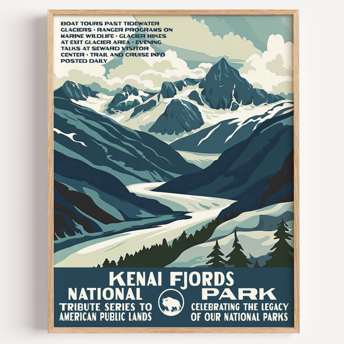 Kenai Fjords National Park wall art print in a thin wood frame, a glacier flowing down between steep snowy peaks
