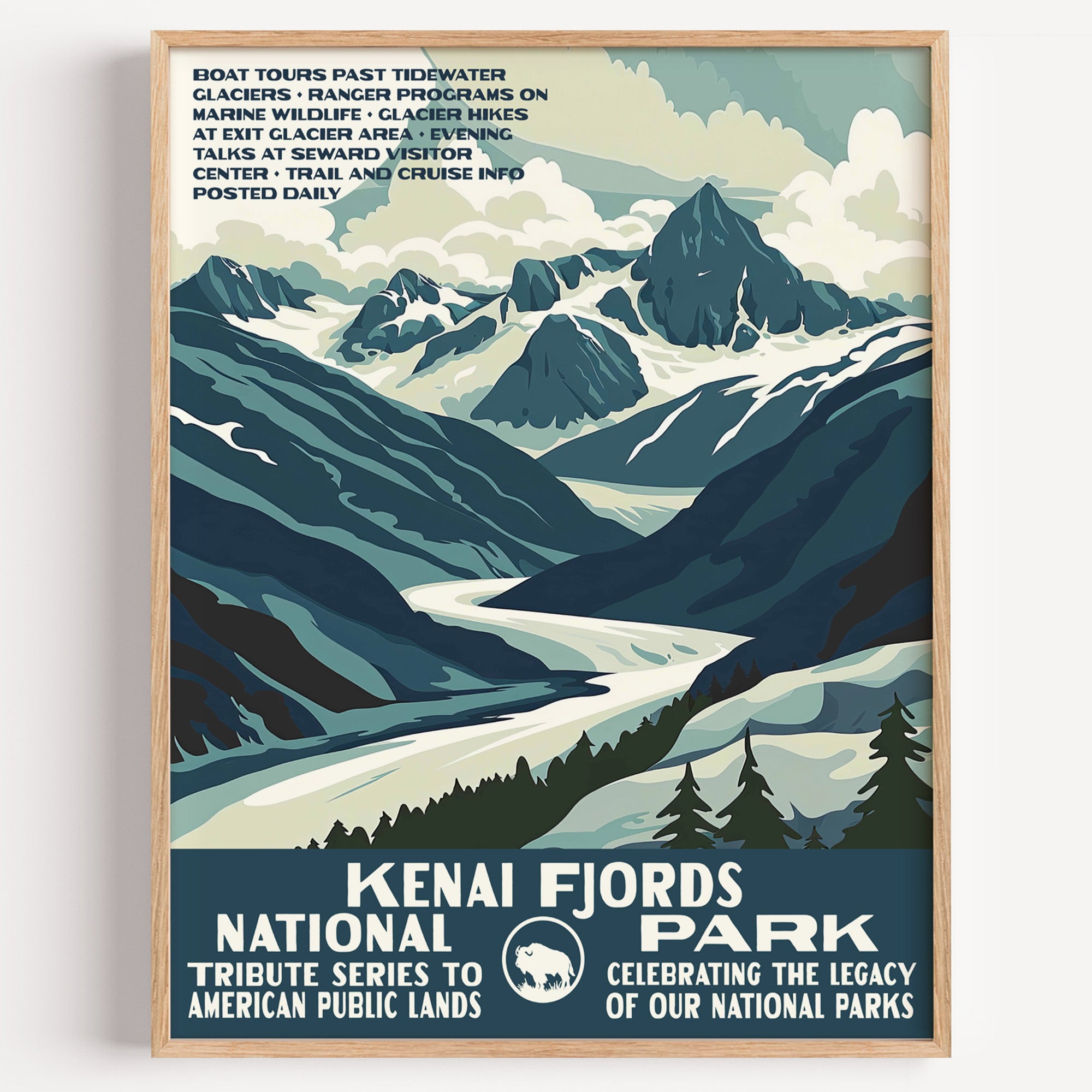 Kenai Fjords National Park wall art print in a thin wood frame, a glacier flowing down between steep snowy peaks