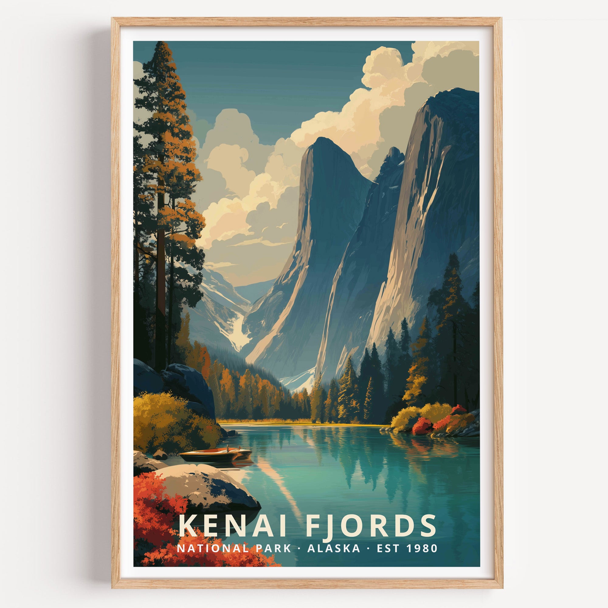 Kenai Fjords National Park retro travel poster — glacier-carved cliffs above a calm fjord ringed with spruce, Alaska