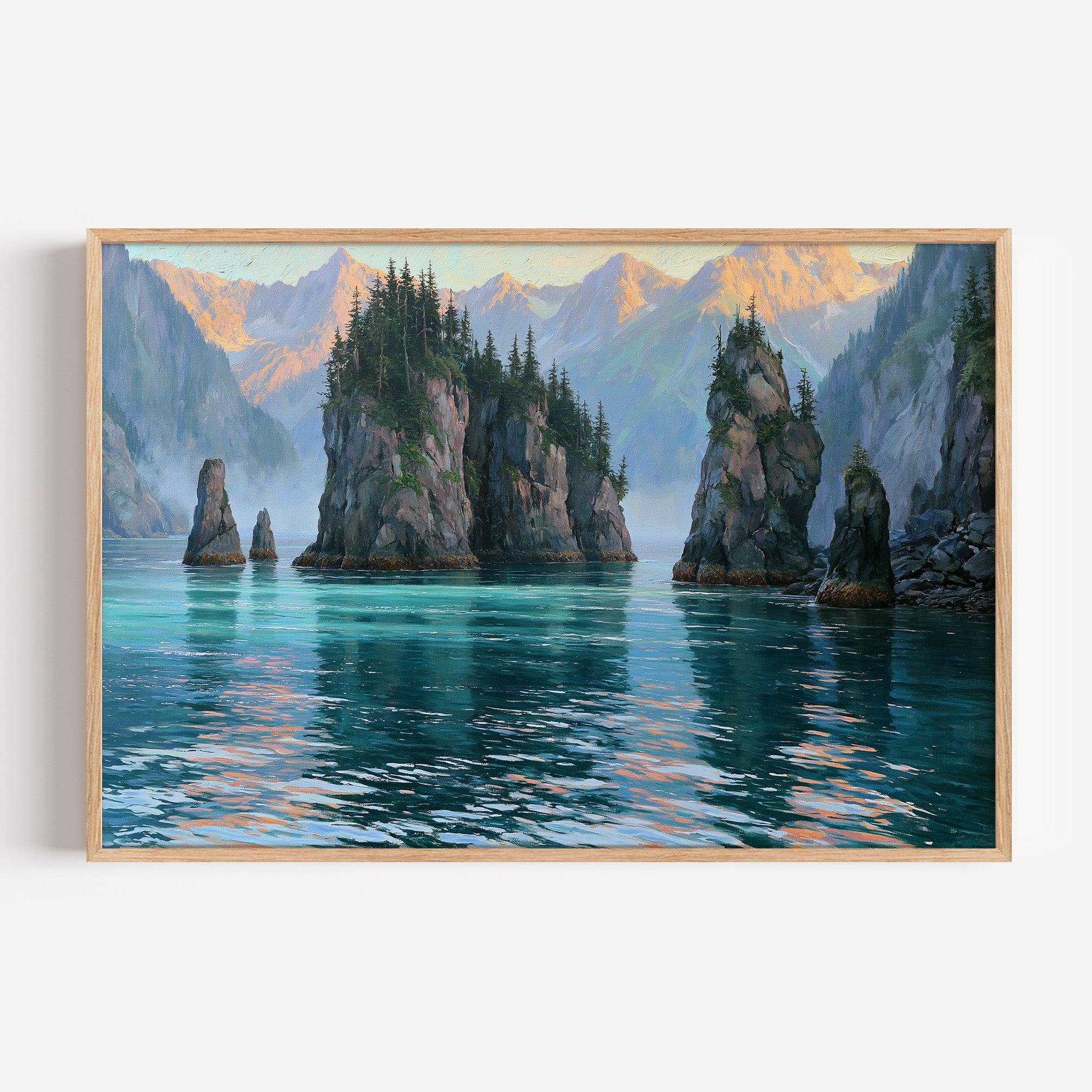 Kenai Fjords classical oil painting print in an oak frame: sea stacks in a turquoise fjord