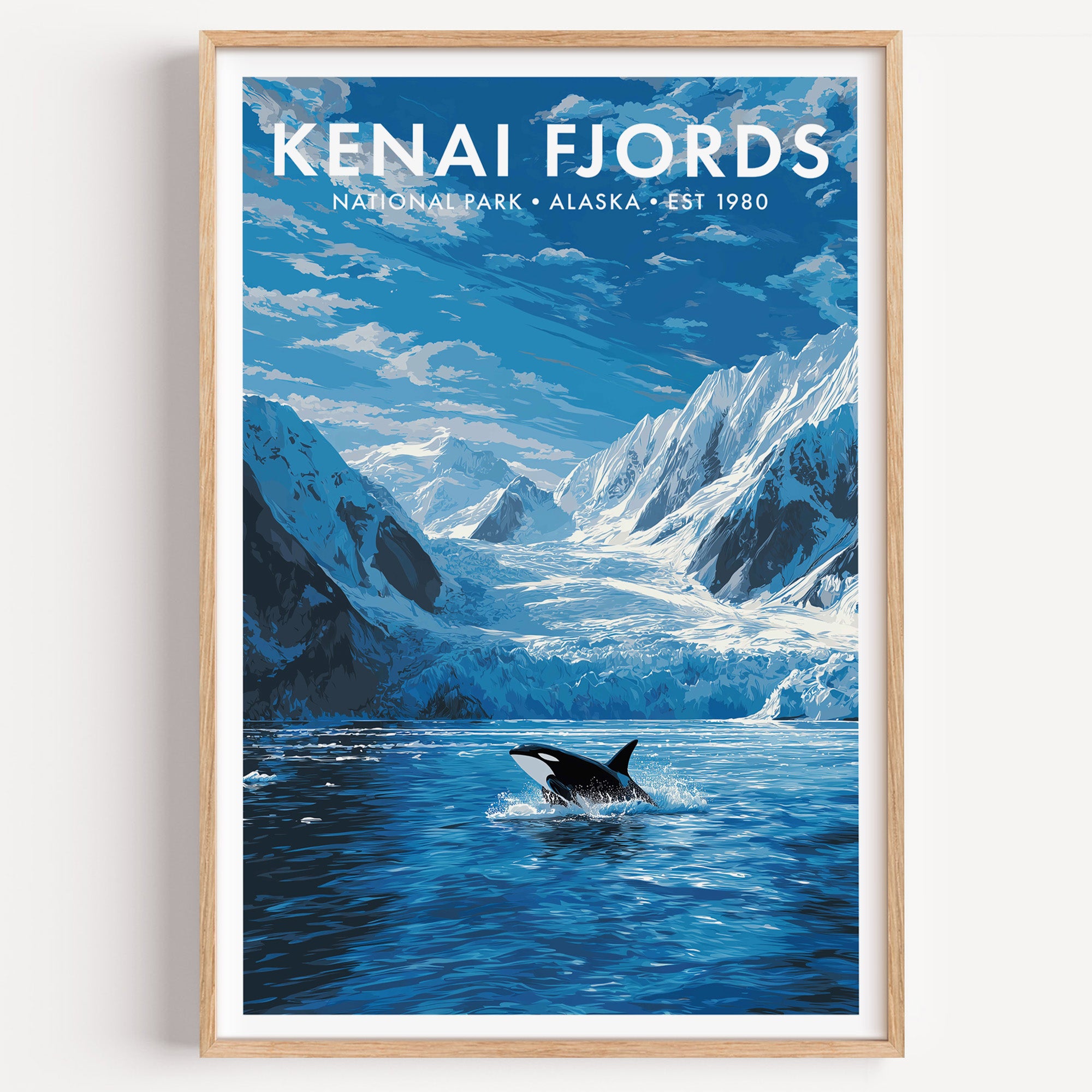 Kenai Fjords National Park mid-century modern art print — a glacier spilling out of an icefield down to the waterline