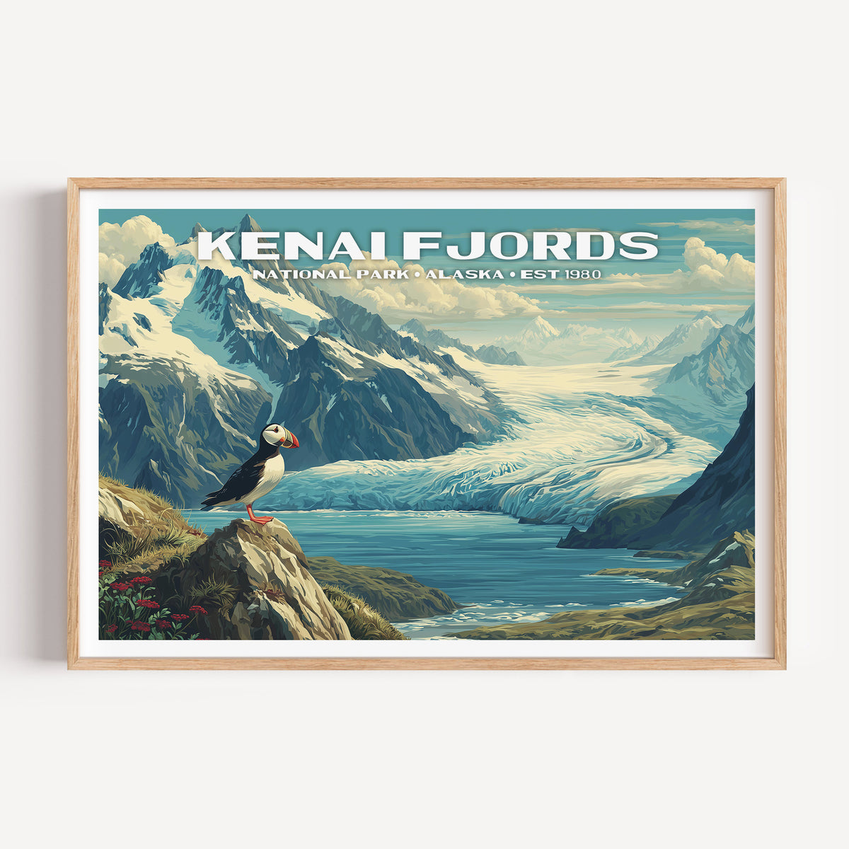 A puffin on a wildflower ledge above a glacier flowing down to the fjord — Kenai Fjords National Park vintage WPA travel poster print