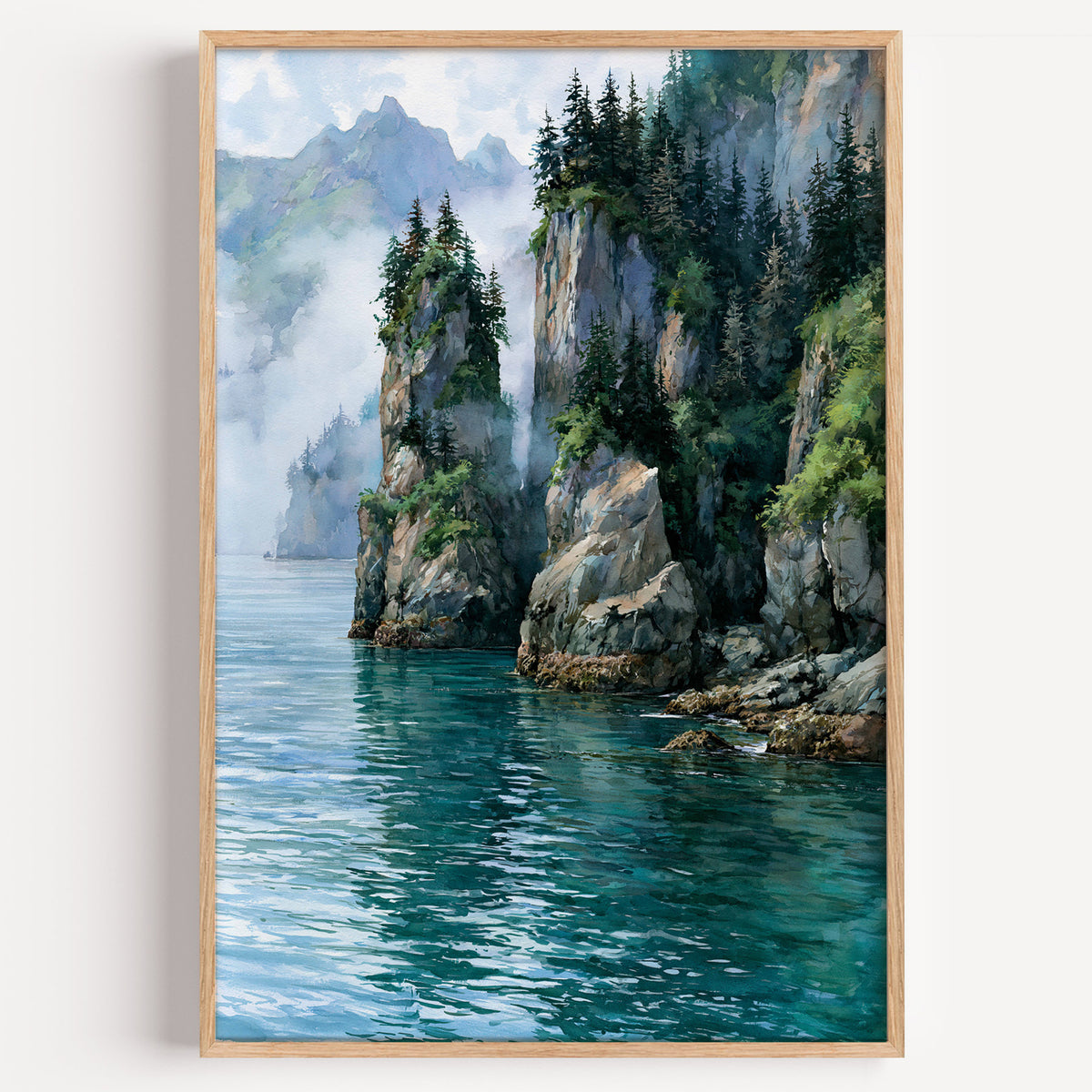 Kenai Fjords National Park watercolor art print: spruce-topped rock towers above still emerald fjord water