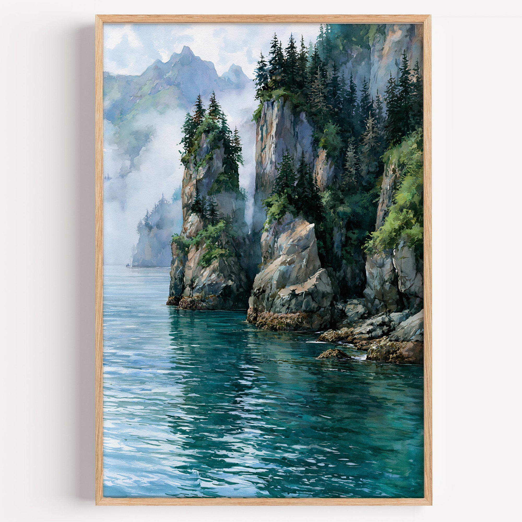 Kenai Fjords National Park watercolor art print: spruce-topped rock towers above still emerald fjord water