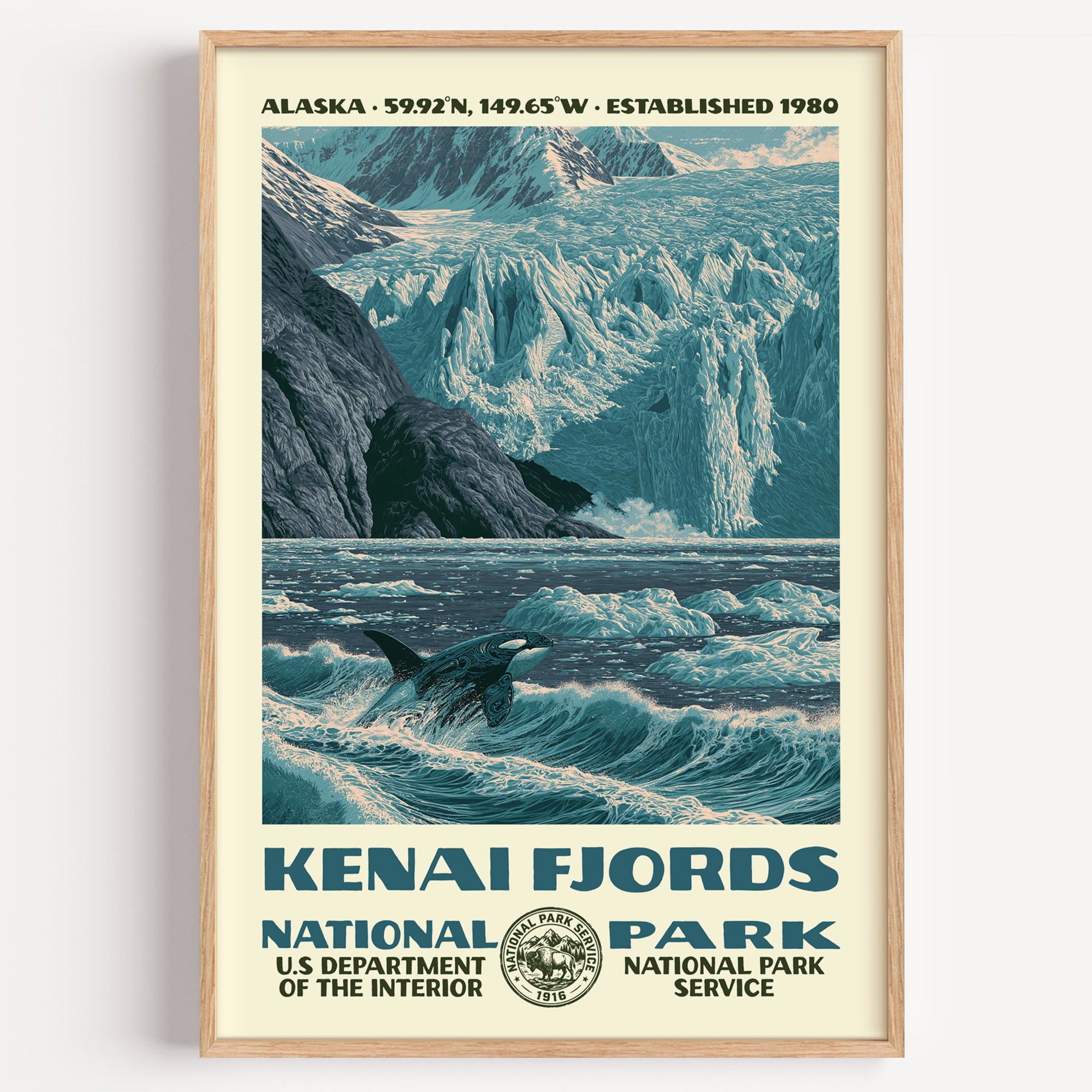 Kenai Fjords National Park vintage WPA poster in a wood frame, an orca surfacing below the ice of Exit Glacier