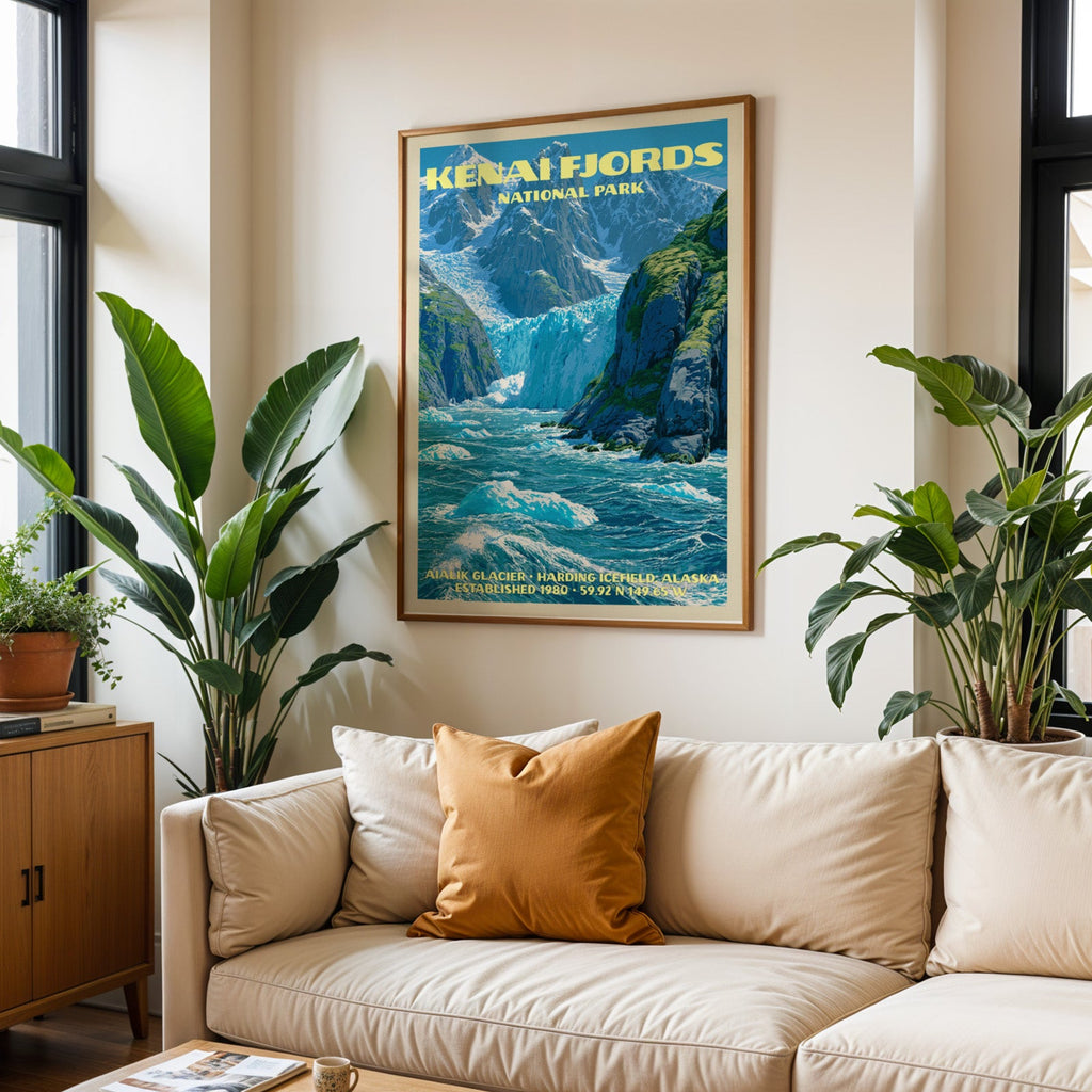 Kenai Fjords vintage travel print in oak above a cream sofa with a rust cushion and tall houseplants