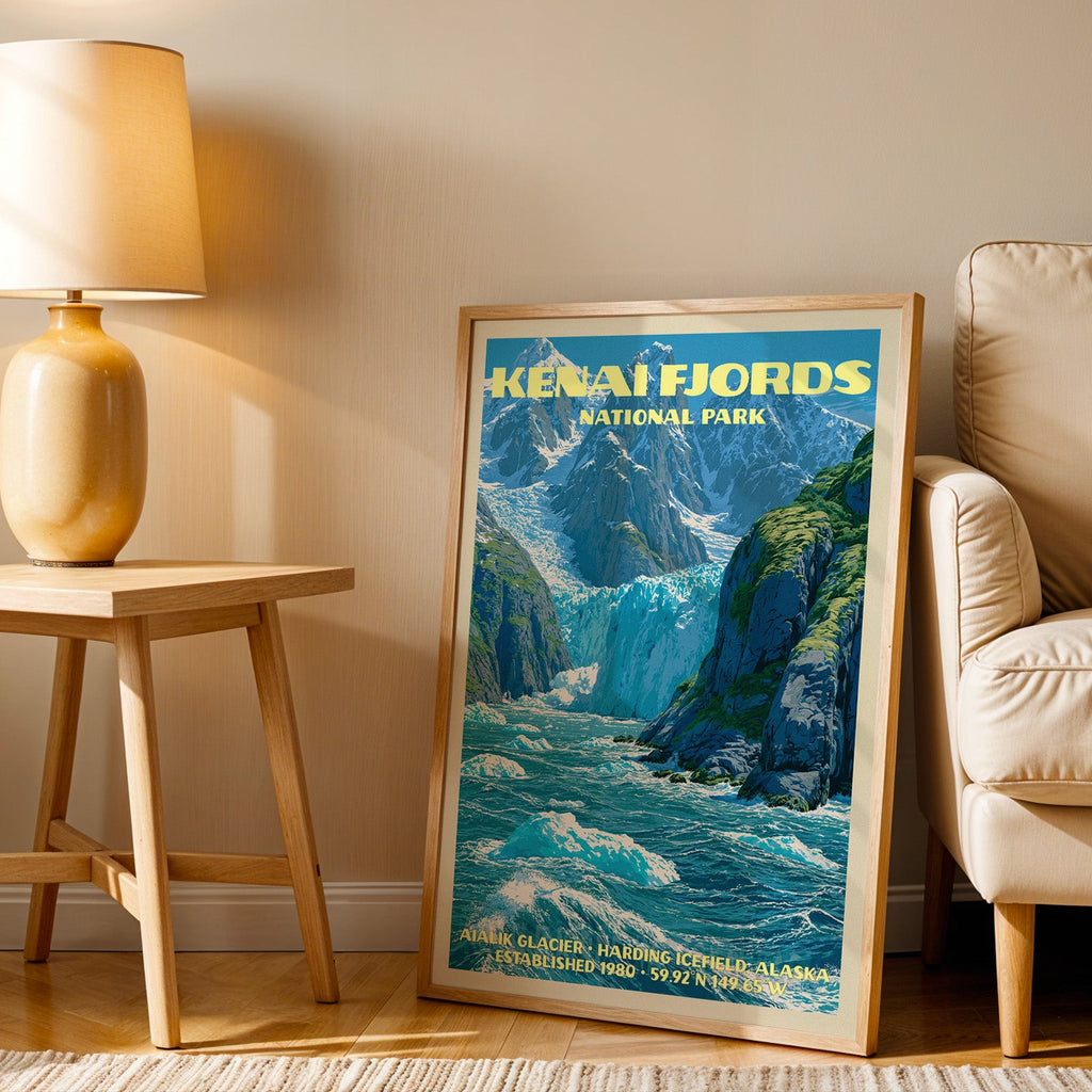Aialik Glacier Kenai Fjords wall art in oak, leaning by an armchair and a side table with an ochre lamp