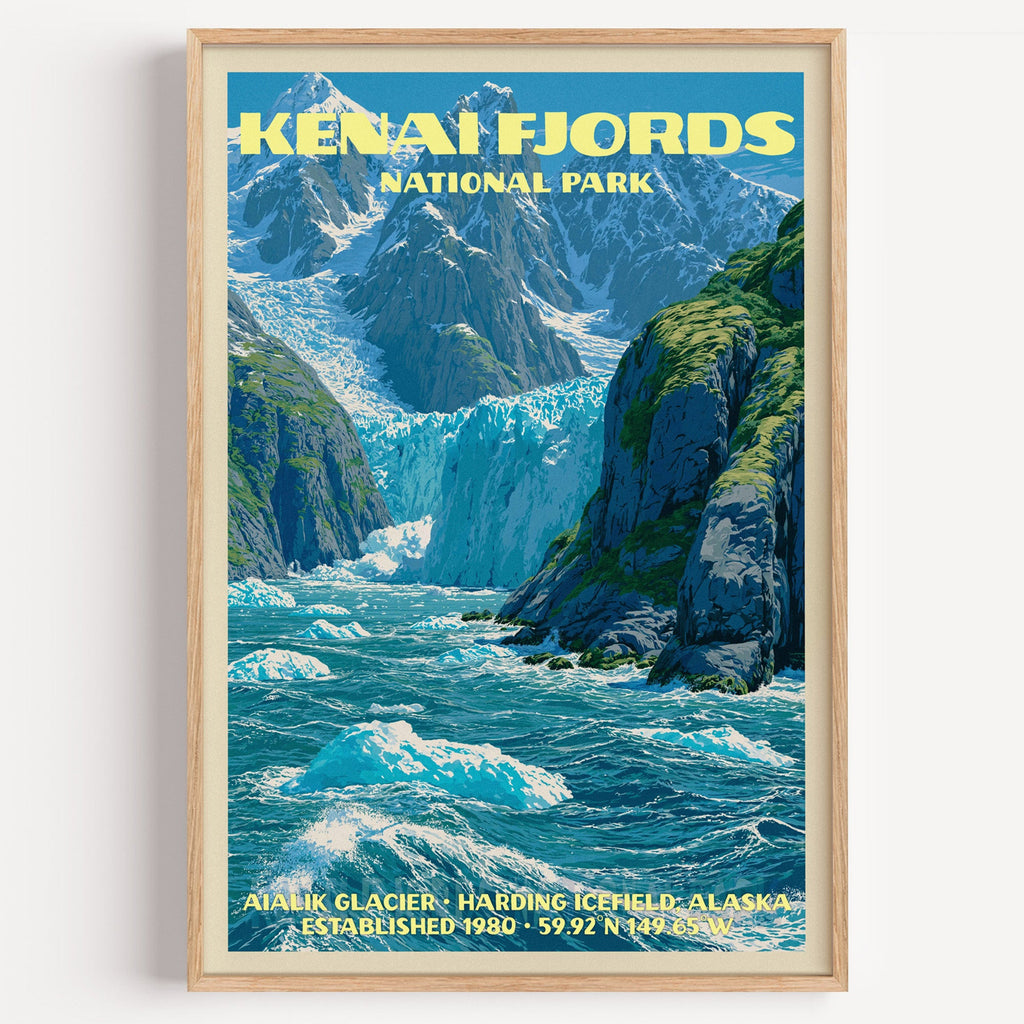 Aialik Glacier Kenai Fjords National Park vintage poster in a light oak frame on a plain white wall