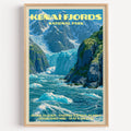 Aialik Glacier Kenai Fjords National Park vintage poster in a light oak frame on a plain white wall
