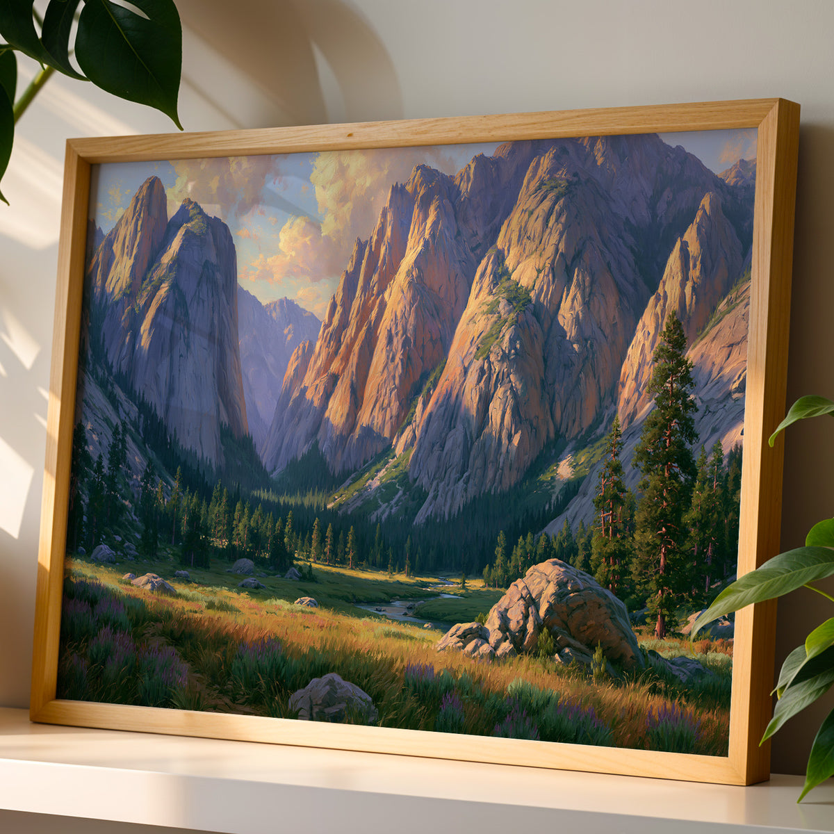 Close-up of the Kings Canyon classical oil painting print in a wood frame in warm sunlight