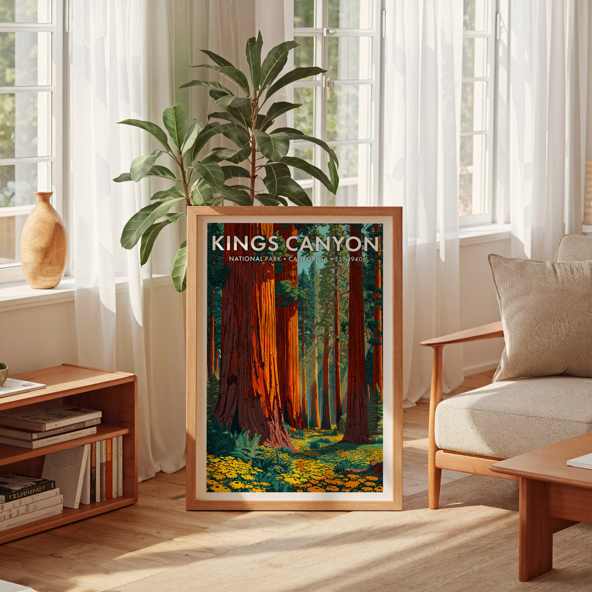 Kings Canyon National Park mid-century modern art print leaning in a sun-filled living room beside an armchair — living room wall art