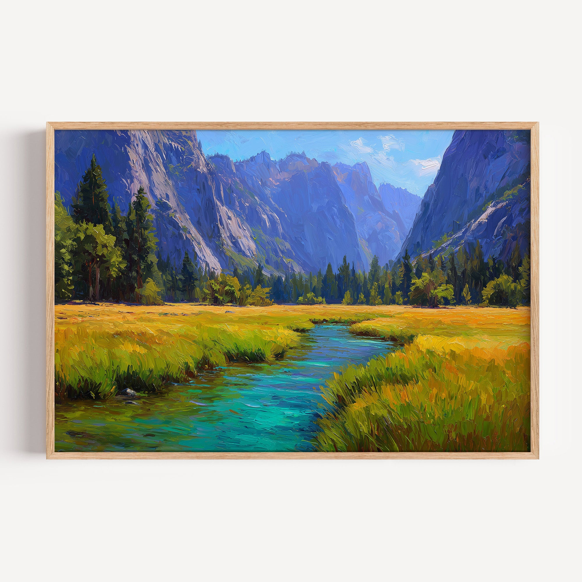 Kings Canyon National Park oil painting print in an oak frame: a stream through a granite canyon