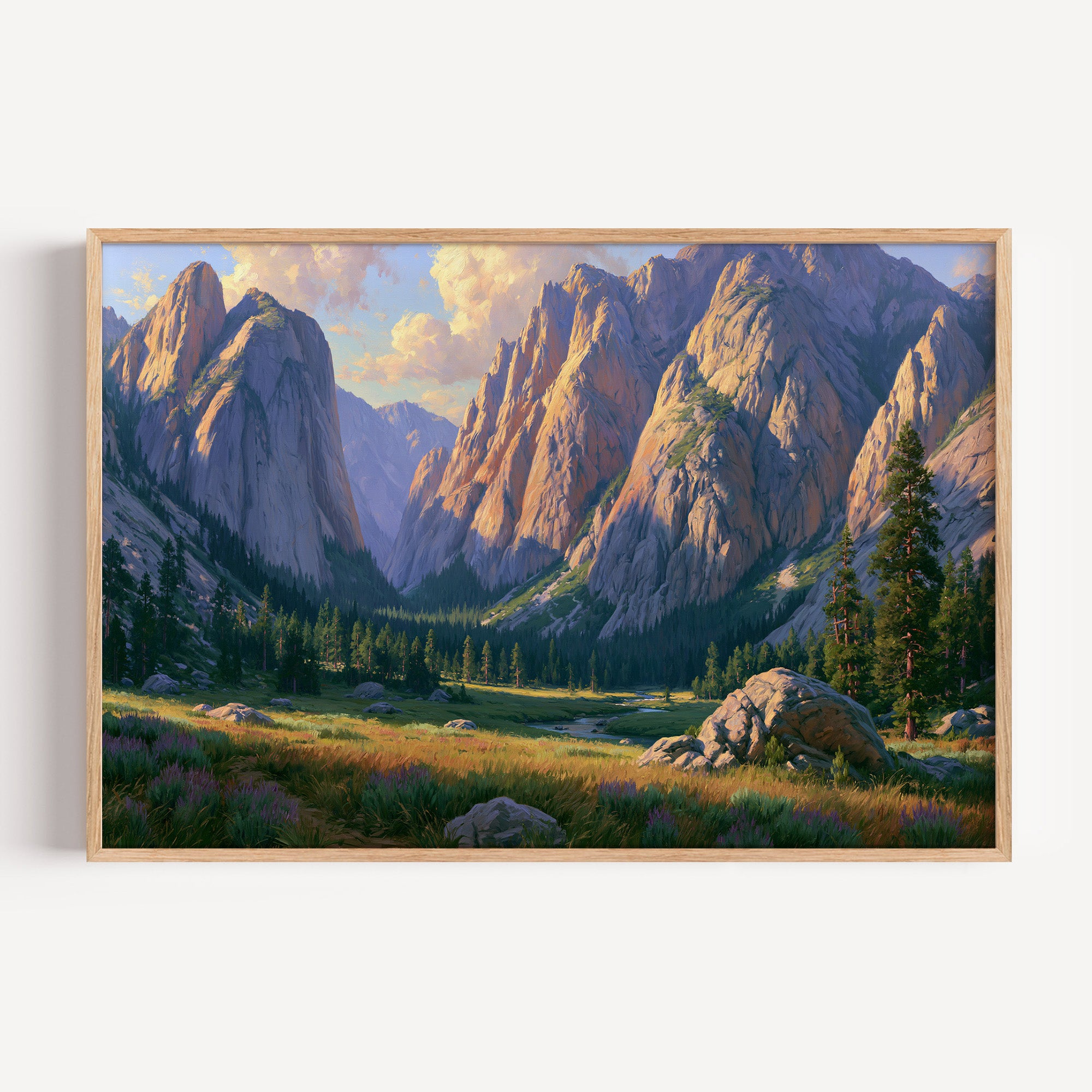 Kings Canyon classical oil painting print in an oak frame: granite walls above a wildflower meadow