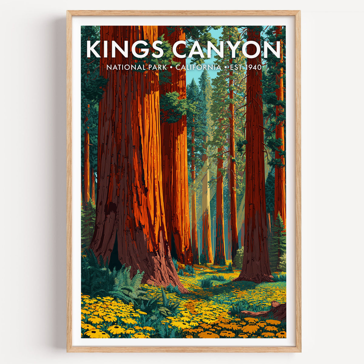 Kings Canyon National Park mid-century modern art print — the cinnamon-red columns of a giant sequoia grove going up out of frame
