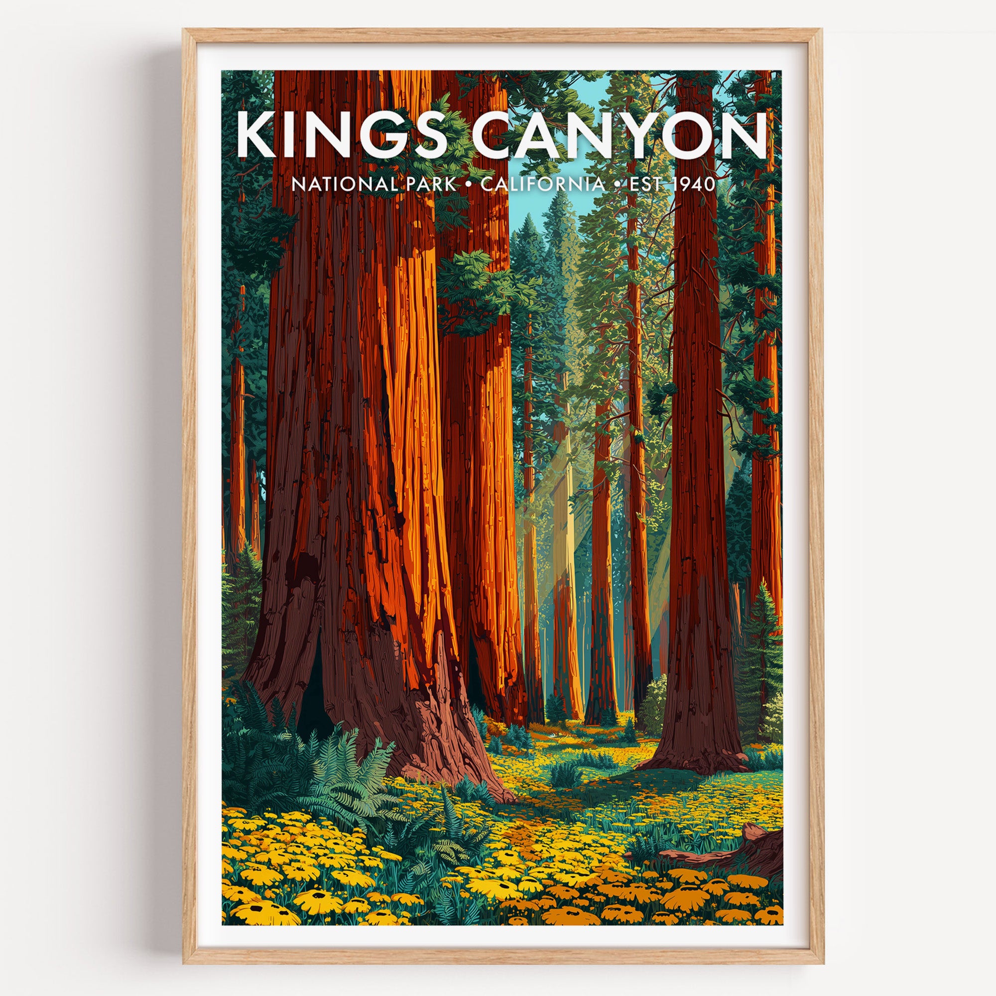 Kings Canyon National Park mid-century modern art print — the cinnamon-red columns of a giant sequoia grove going up out of frame