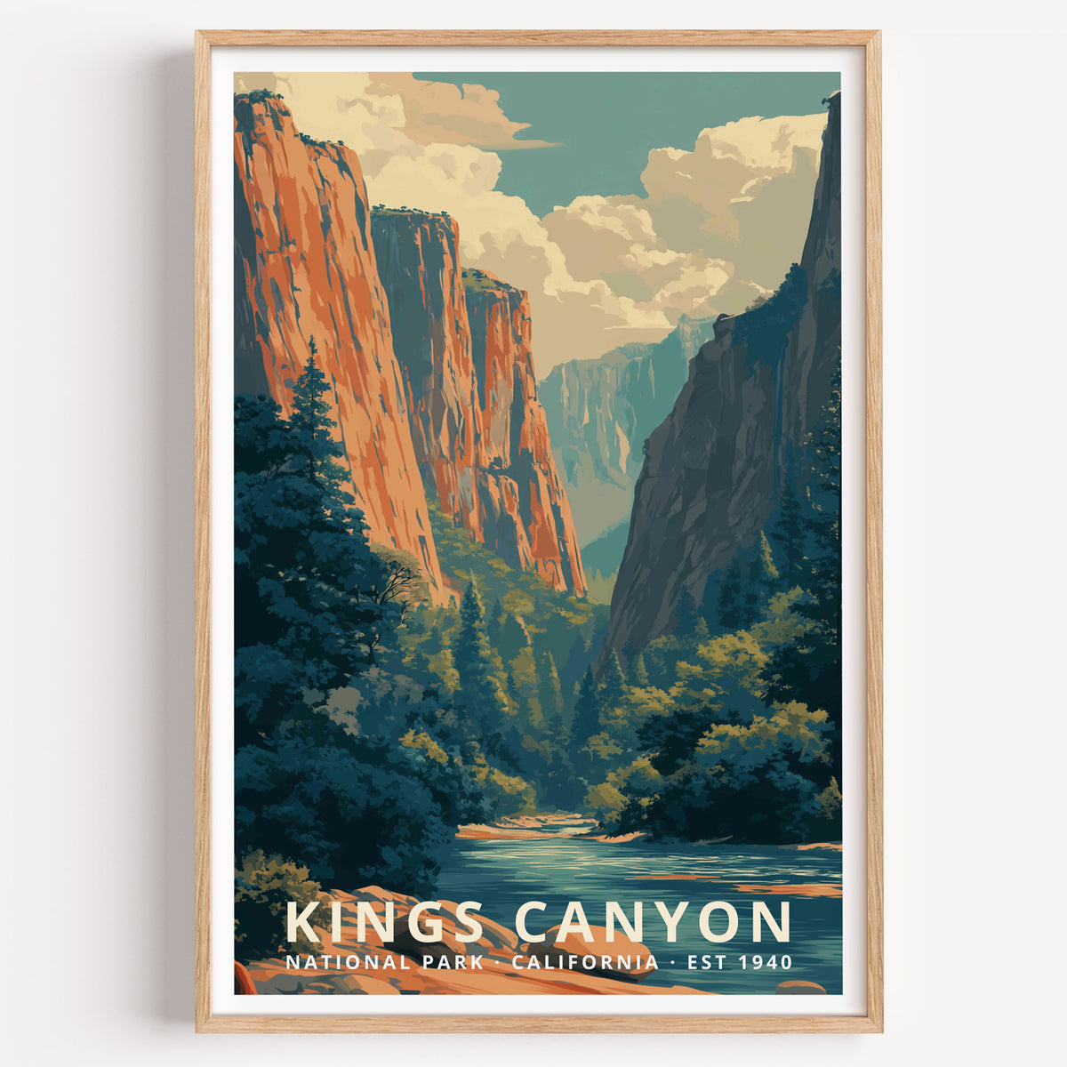 Kings Canyon National Park retro travel poster — sunlit granite walls above a river running through a deep Sierra canyon, California
