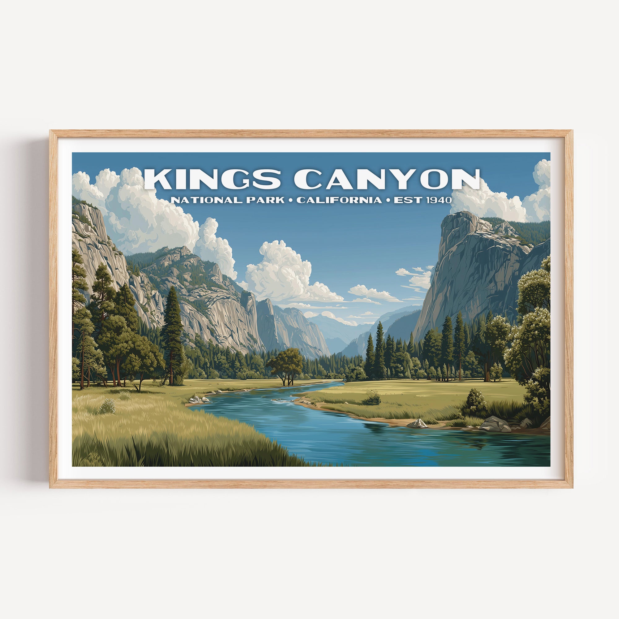 The Kings River curving through a green meadow below granite canyon walls — Kings Canyon National Park vintage WPA travel poster print